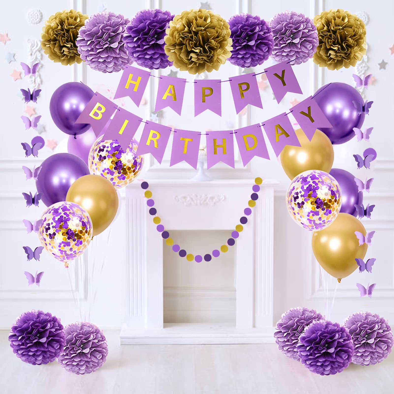 Ouddy Purple & Gold Birthday Party Decorations - Butterfly Hanging Garland, Circle Dot Banner, Balloons & Paper Flowers for Women's Birthday Cake Toppers | Perfect for Indoor/Outdoor Birthday Celebrations, Baby Showers & Special Events