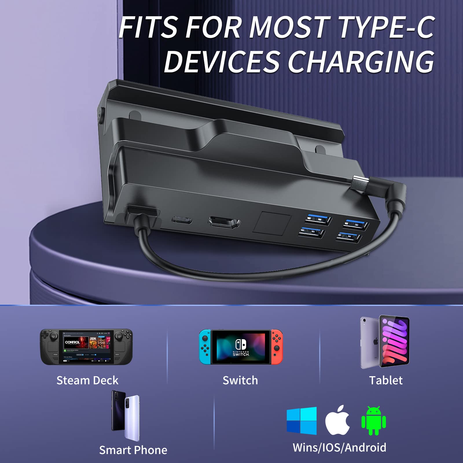 Steam Deck Dock with HDMI Cable & 45W USB-C Fast Charger - 6-in-1 Docking Station for Steam Deck with 4 USB 3.0 Ports, 4K/1080P Output - Perfect for Gaming, Streaming & Work Setup