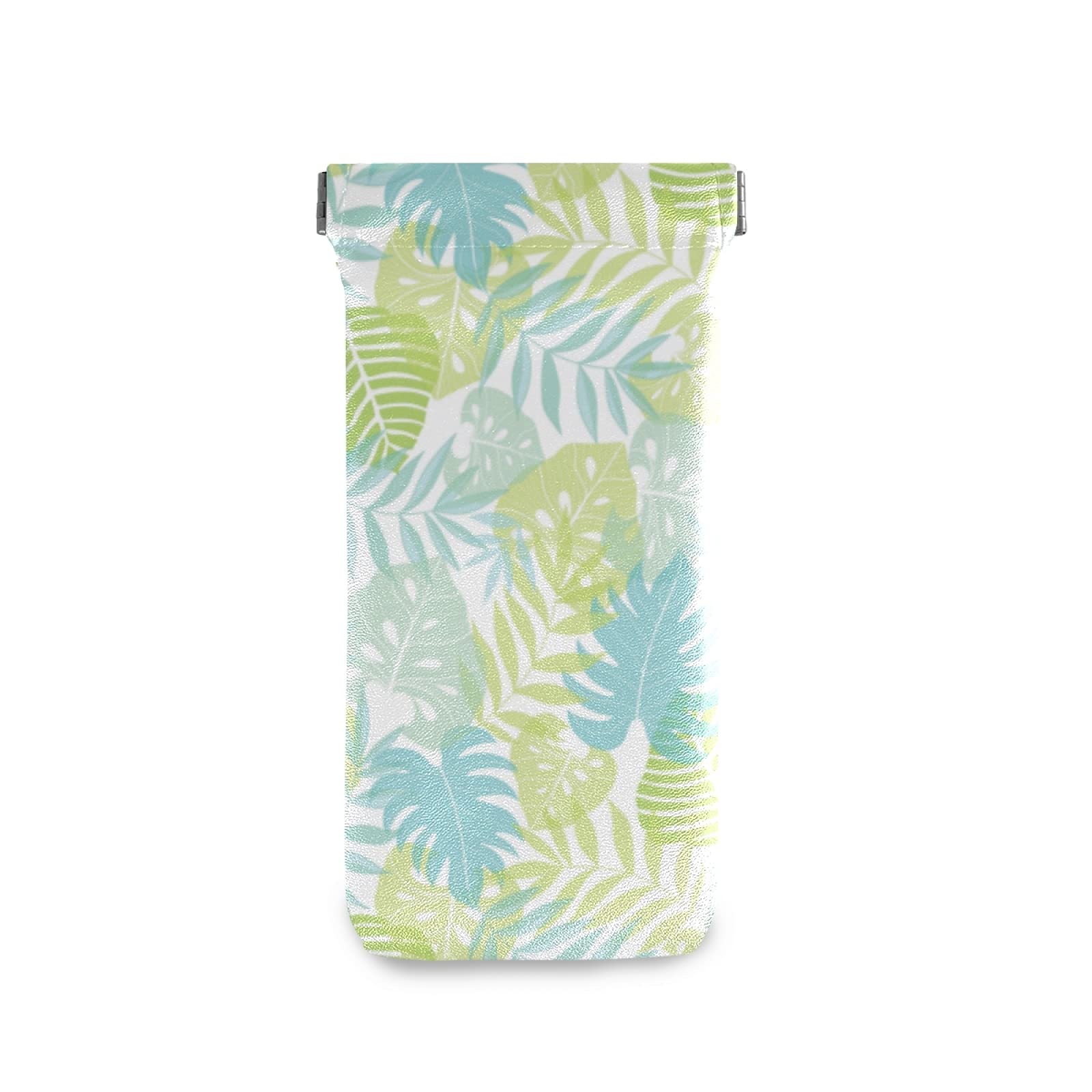 Light Green & Blue Tropical Palm Leaf Sunglasses Pouch - Soft PU Leather Portable Eyeglasses Case with Squeeze Top, Multi-Use Glasses Holder for Women & Girls | Perfect for Beach, Travel, and Everyday Use
