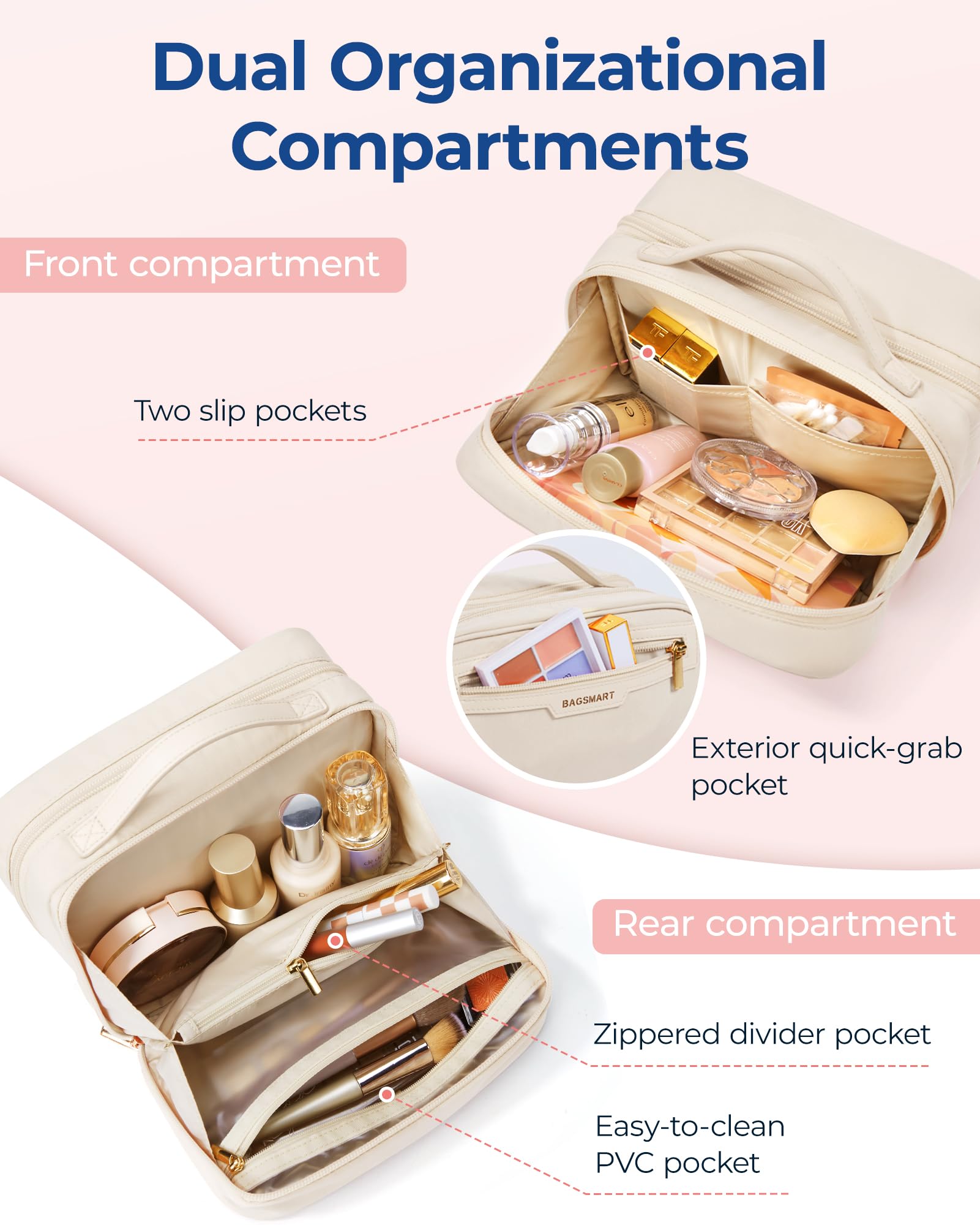 BAGSMART Large Travel Makeup Bag for Women - Spacious Cosmetic Organizer with Wide Opening, Perfect for Travel Essentials, Toiletries, Brushes & Bottles (Warm Gray) - Ideal for Vacation, Business Trips & Daily Use