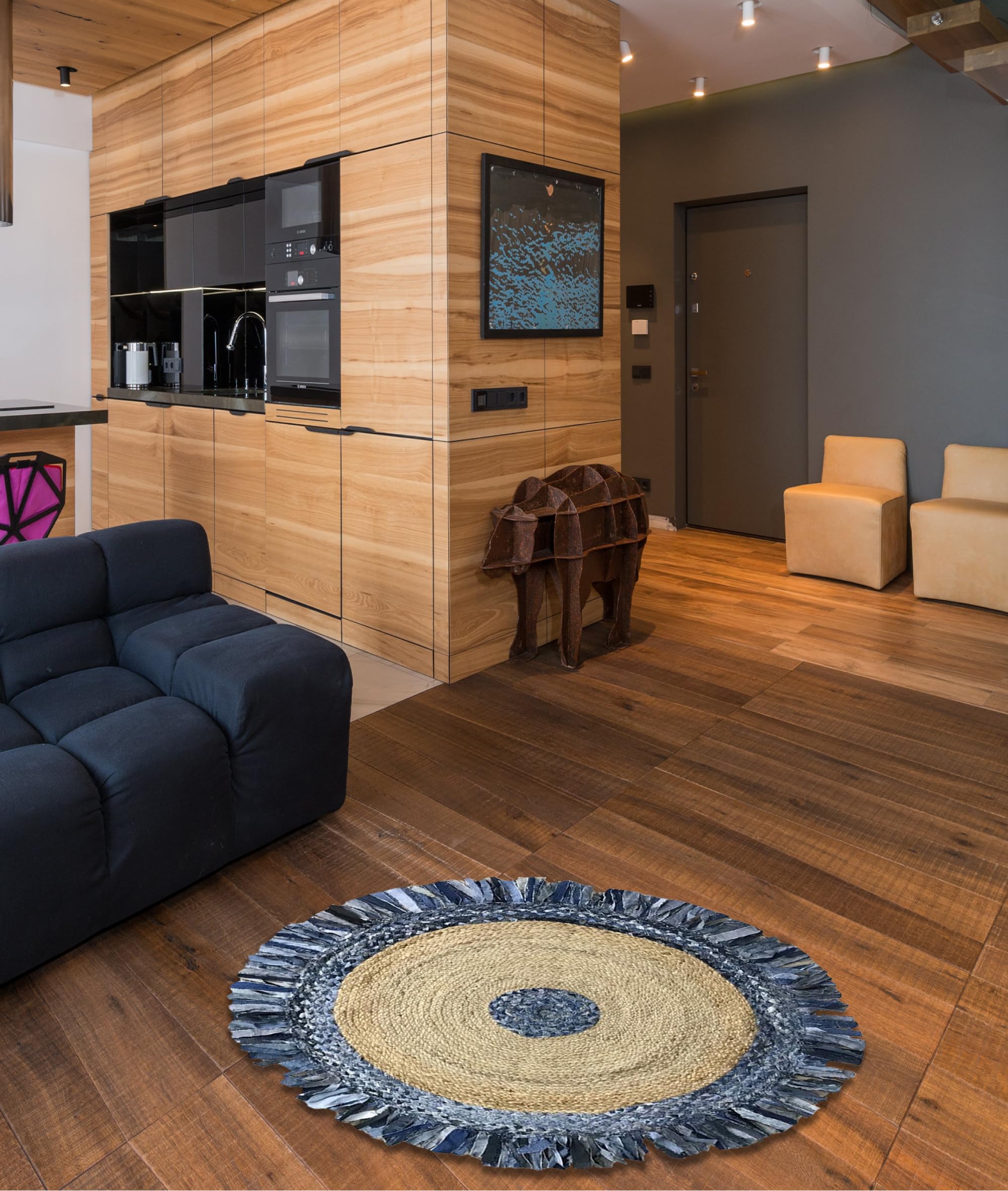 Machine Washable Jute Area Rug for Living Room - Non Slip Soft Foldable Indoor Carpet, 3' Round Denim/Natural - Perfect for Home Decor, Cozy Spaces & High Traffic Areas