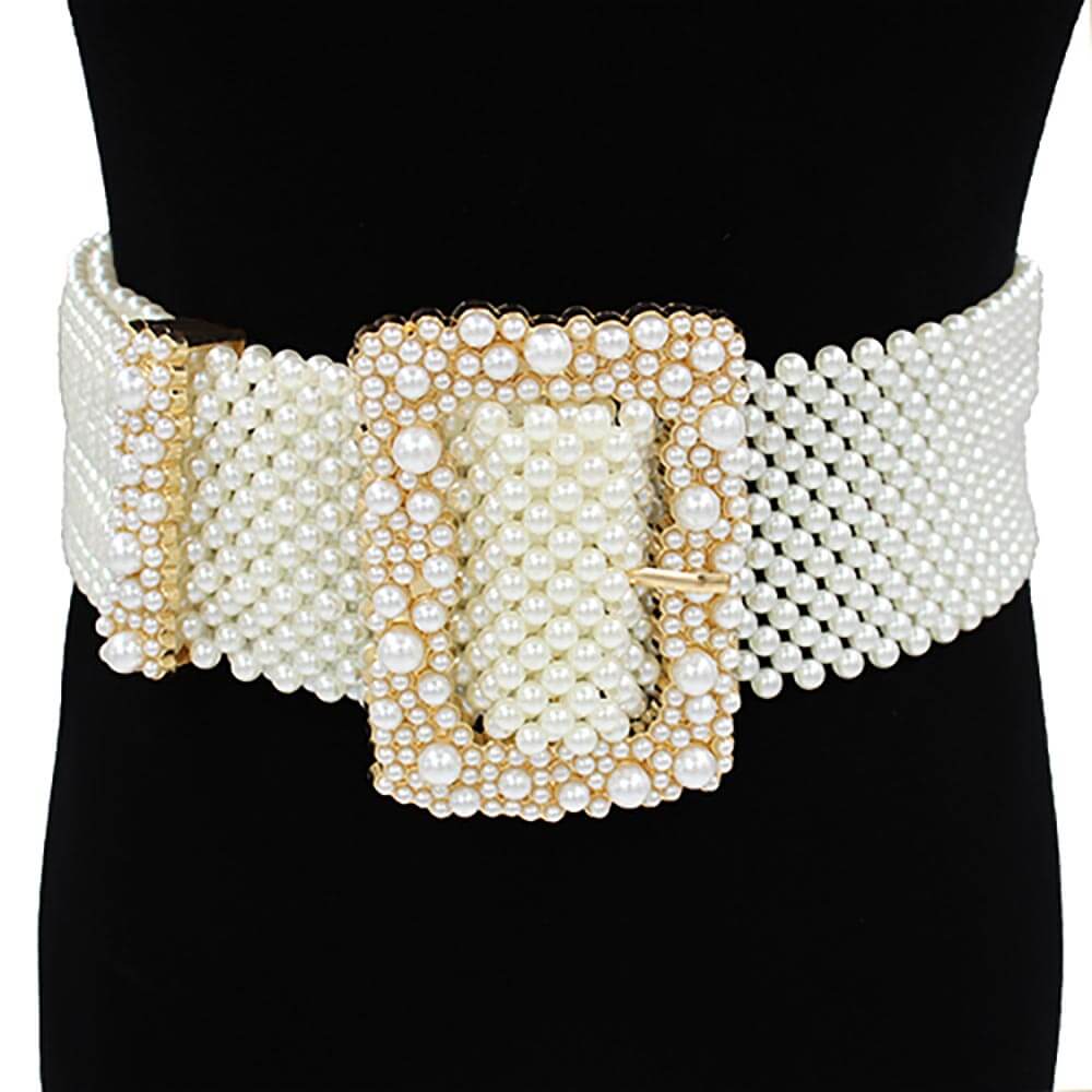 Elegant Cream Pearl Embellished Rectangle Buckle Belt for Women | Fashion Waist Accessory for Dresses, Skirts & Jeans | Perfect for Office, Party & Wedding Outfits