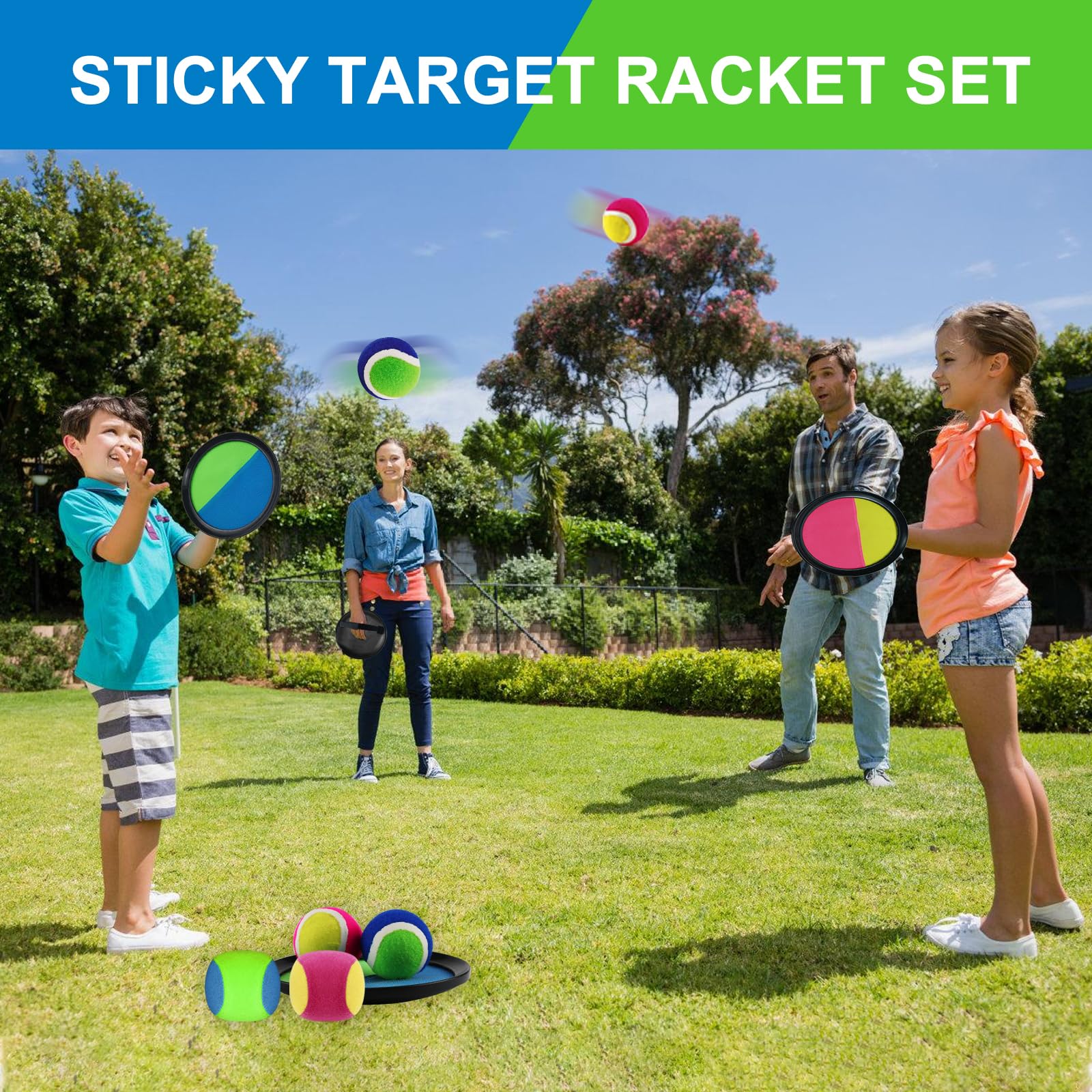 9-Piece Velcro Ball Set with 4 Paddle Rackets & 5 Velcro Balls - Fun Outdoor Game for Kids, Parties, Backyards, Parks, and Family Gatherings