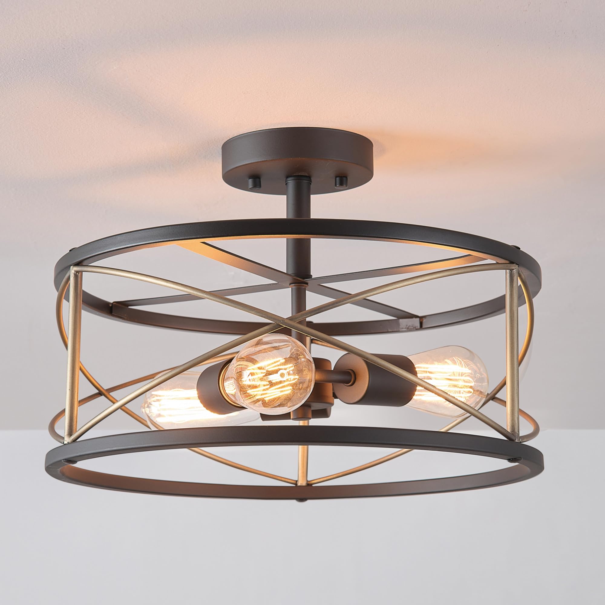 Globe Electric 60869 Denali 3-Light Flush Mount Ceiling Fixture in Matte Black with Brass Accents - Perfect for Bedroom, Hallway, and Entryway Lighting