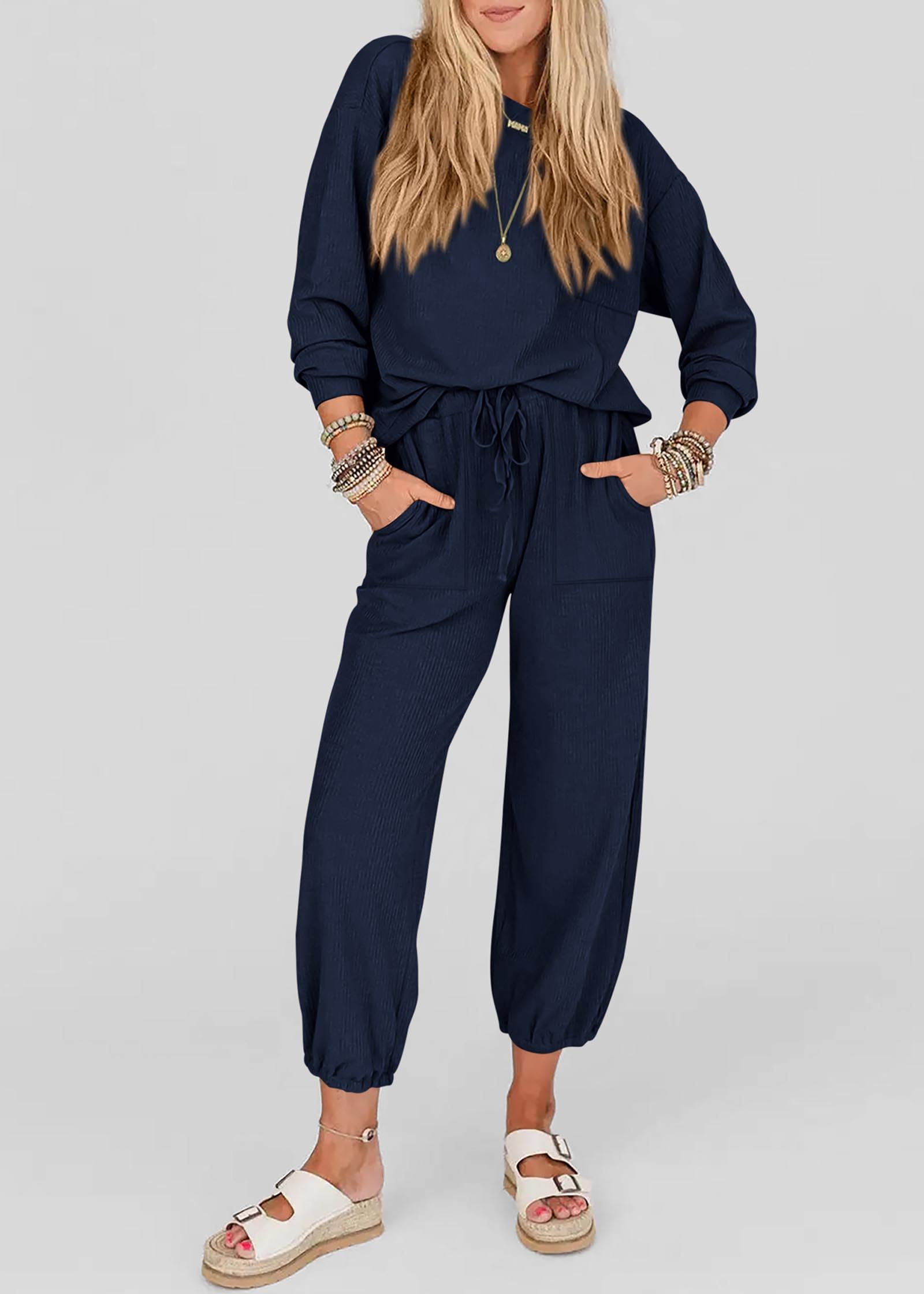 KIRUNDO Women's Lightweight Lounge Set - Comfy Travel & Airport Outfits with Drawstring Pants & Tops - Perfect for Postpartum, Jogging & Relaxation at Home