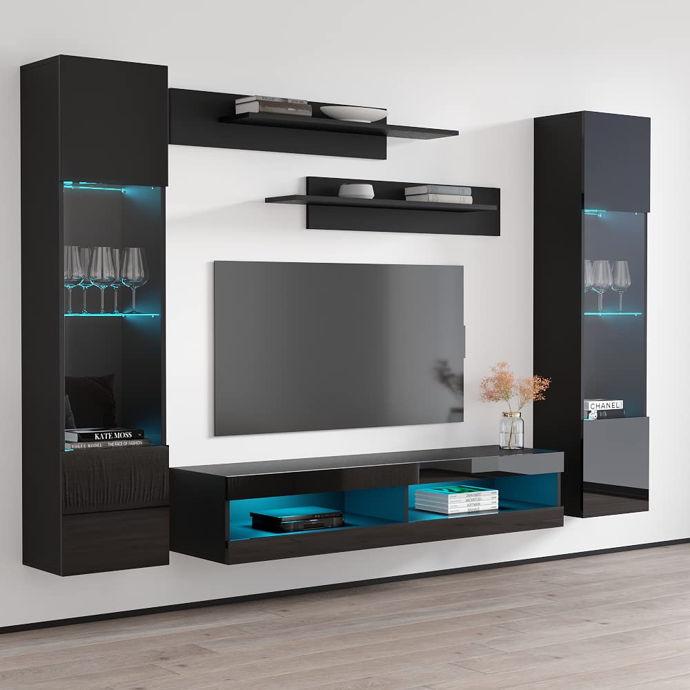 Modern Floating TV Stand with Storage & LED Lights - Wall-Mounted Entertainment Center Console for Bedroom & Living Room - Space-Saving TV Cabinet with Shelves - Black - Perfect for Small Spaces & Home Theater Setup