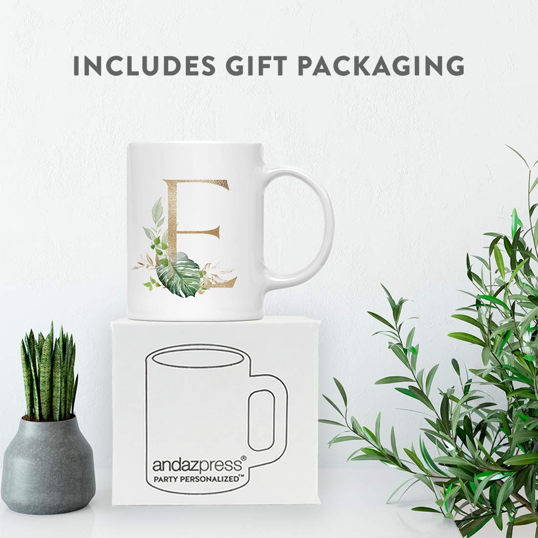 Andaz Press 11oz Ceramic Coffee Mug with Gold Monogram Letter E & Green Palm Leaves - Tropical Themed Tea Cup for Birthday, Bridesmaid Gift, Christmas - Perfect for Home, Office, or Gift Giving