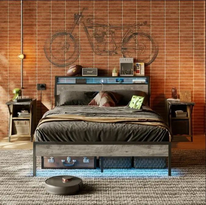 Bestier Queen Size LED Bed Frame with Headboard and Storage - Modern Platform Bed with USB Ports & Underbed Storage - Perfect for Bedroom, Dorm, Apartment & Small Spaces