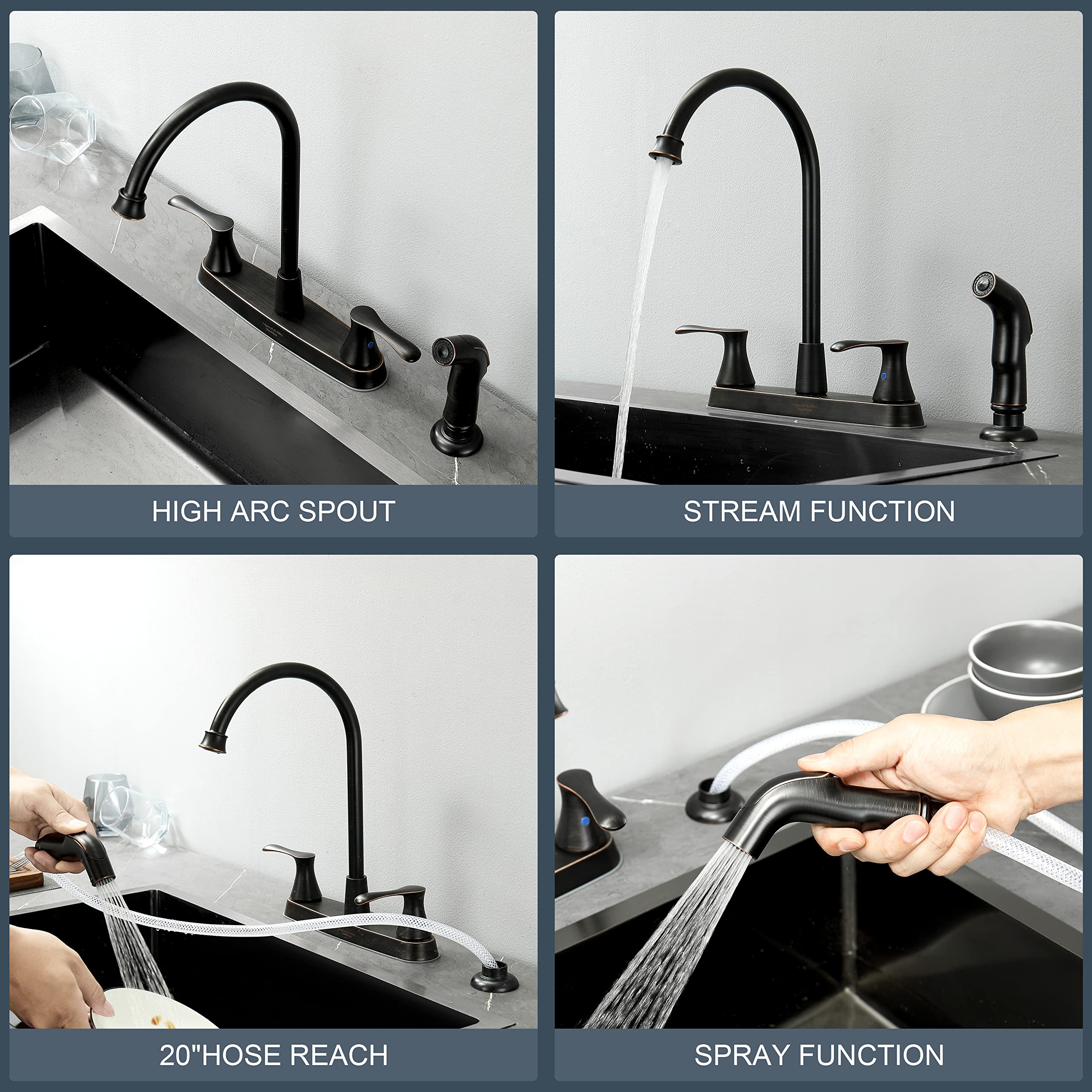 Oil-Rubbed Bronze Kitchen Faucet with Side Sprayer - 2-Handle 4 Hole Sink Faucet in Classic Bronze Finish - Perfect for Modern Farmhouse & Traditional Kitchens