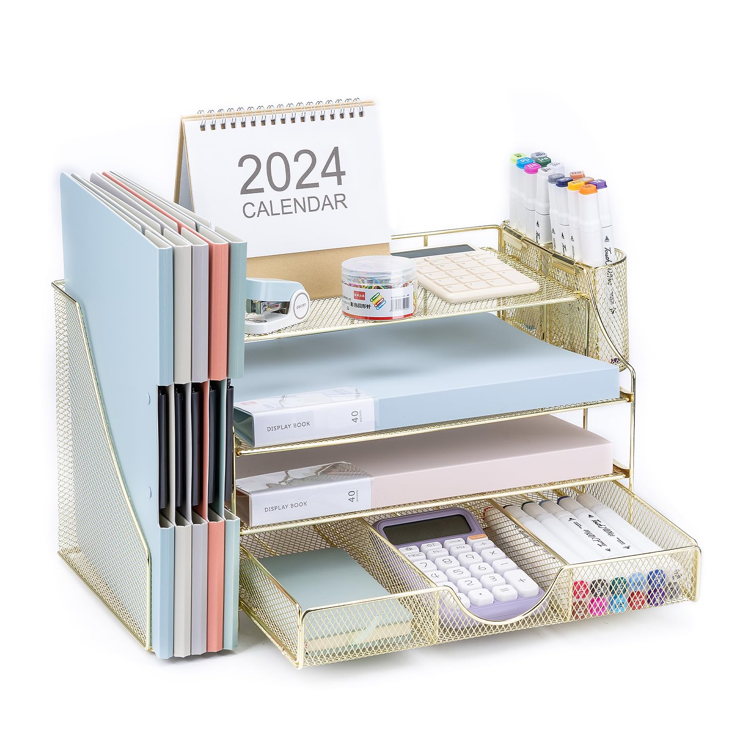 4-Tier Mesh Desk Organizer with File Holder, Drawer & 2 Pen Cups - Gold Office Storage Solution for Paper, Documents & Supplies | Perfect for Home Office, Workstation & School Desk Organization