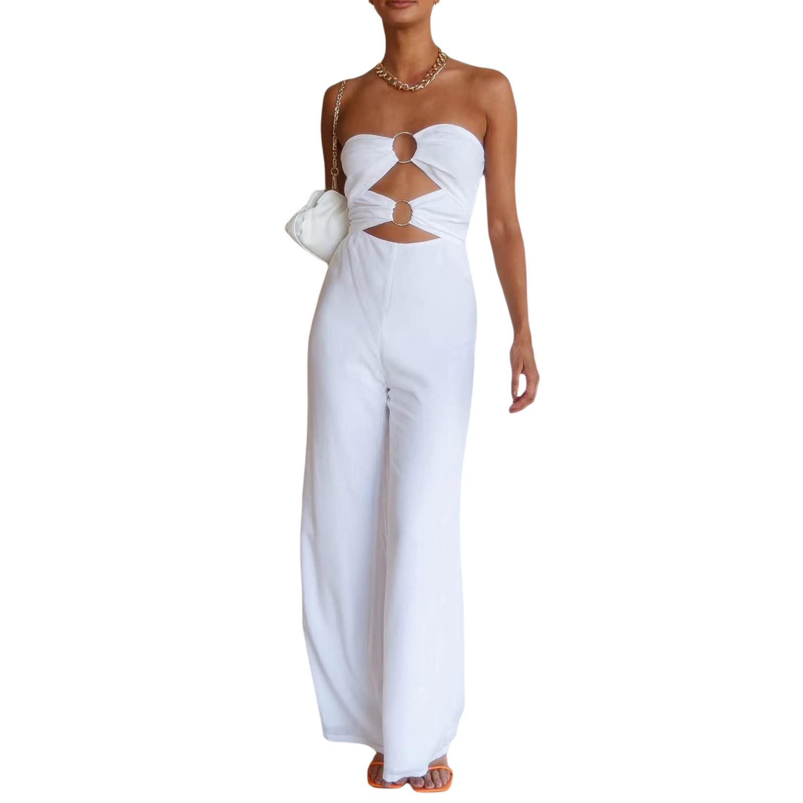 Sexy Off Shoulder Tube Top Jumpsuit for Women - High Waist Wide Leg Sleeveless Cutout Party Outfit | Perfect for Club Nights, Date Nights & Summer Festivals