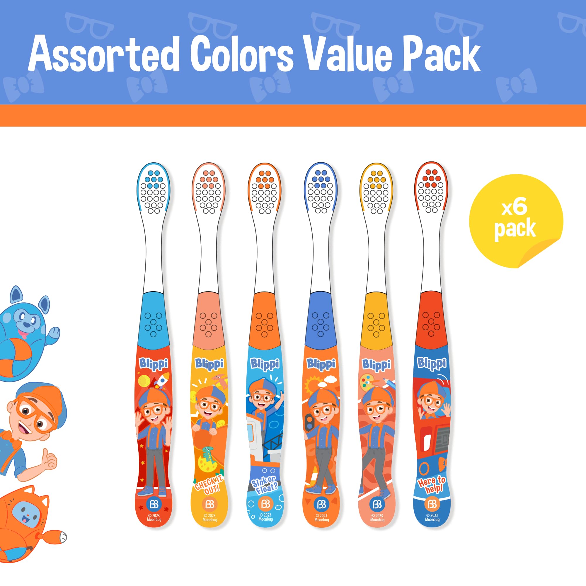 Blippi Kids Toothbrushes 6-Pack - Soft Manual Toothbrushes for Toddlers 2-4 Years | Fun & Safe Children's Toothbrush for Daily Oral Care | Perfect for Home, Travel & School Use