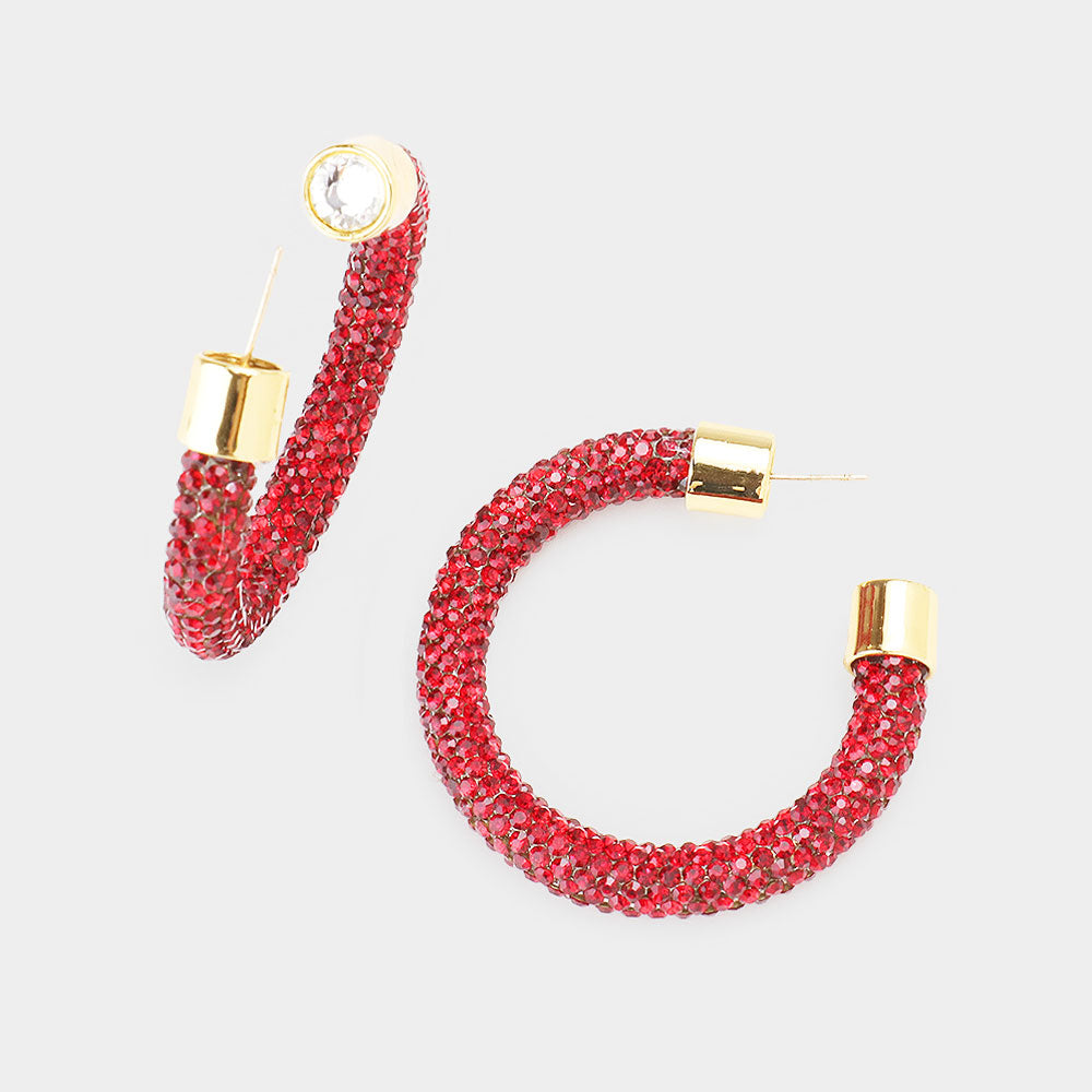 Dark Red Rhinestone Half Hoop Earrings for Women | 1.75 Inch Elegant Dangle Earrings | Sparkling Party Jewelry for Evening Events & Date Nights