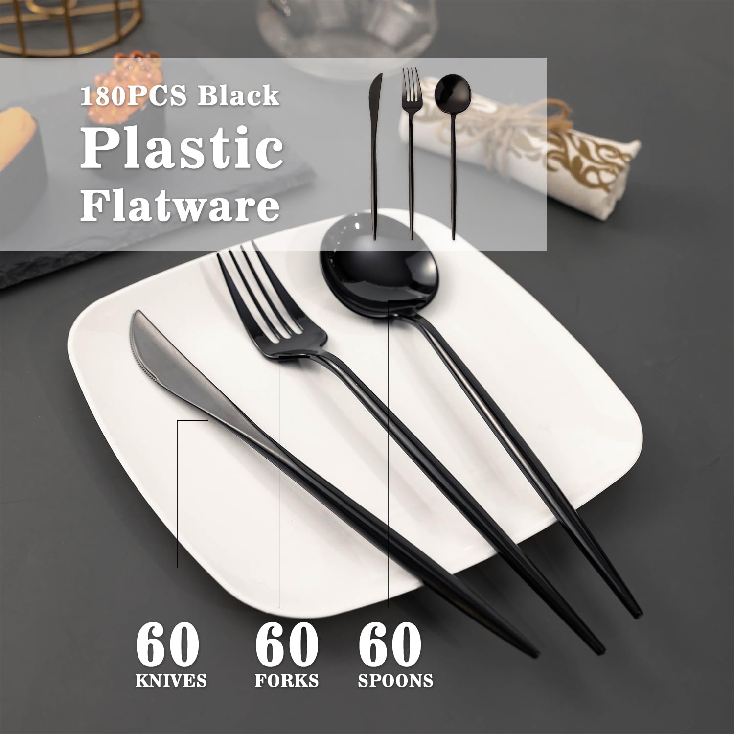 180-Piece Heavy Duty Black Plastic Silverware Set - 60 Forks, 60 Spoons & 60 Knives - Durable Disposable Cutlery for Parties, Weddings, BBQs & Catering Events - Perfect for Birthday Celebrations, Picnics & Office Gatherings
