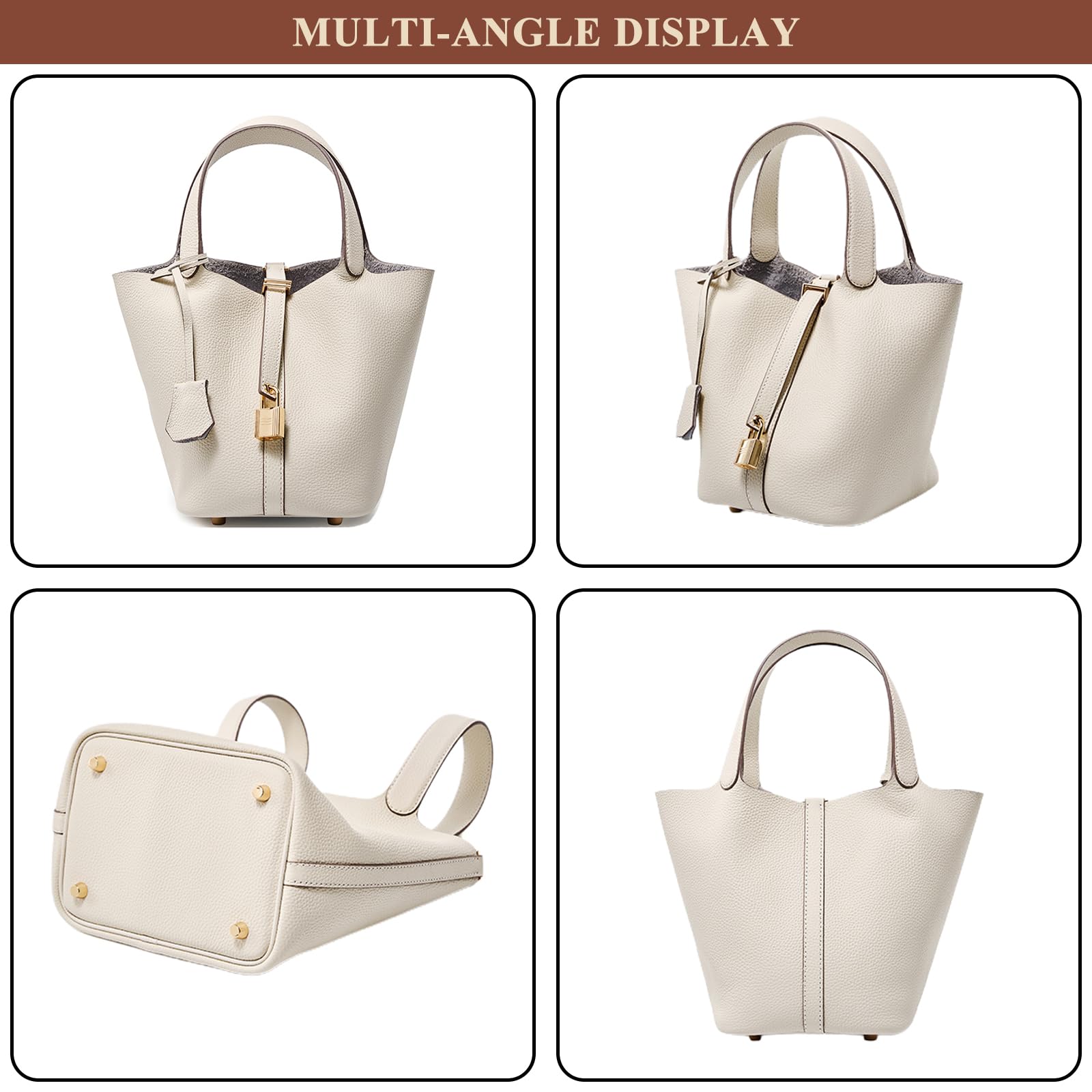 Genuine Leather Bucket Bag for Women - Stylish Lock Design Small Satchel Purse Handbag - Soft Shoulder Bag for Daily Casual Use, Work, Travel & Shopping