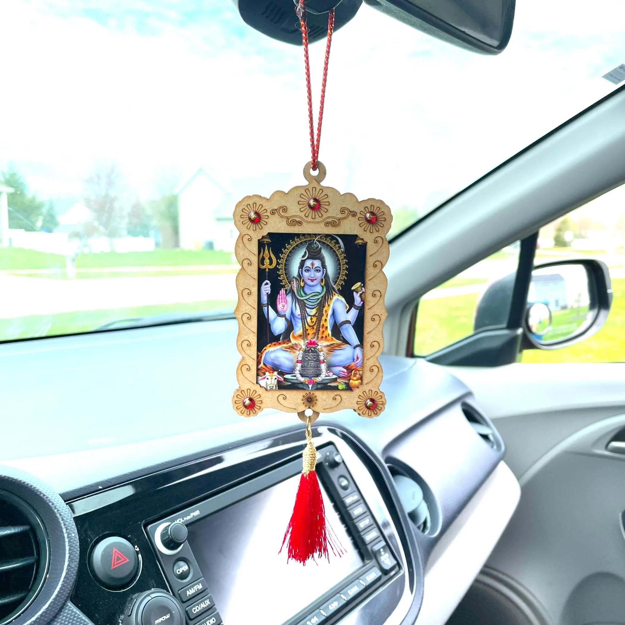 LOVENSPIRE Hindu Car Hanging Ornament - Ganesha Krishna Hanuman Om Balaji Shiv Car Charm - Rear View Mirror Photo Frame & Dashboard Decor Accessory (Pack of 1) - Perfect for Spiritual Protection & Interior Decoration in Cars, Offices, or Home Altars