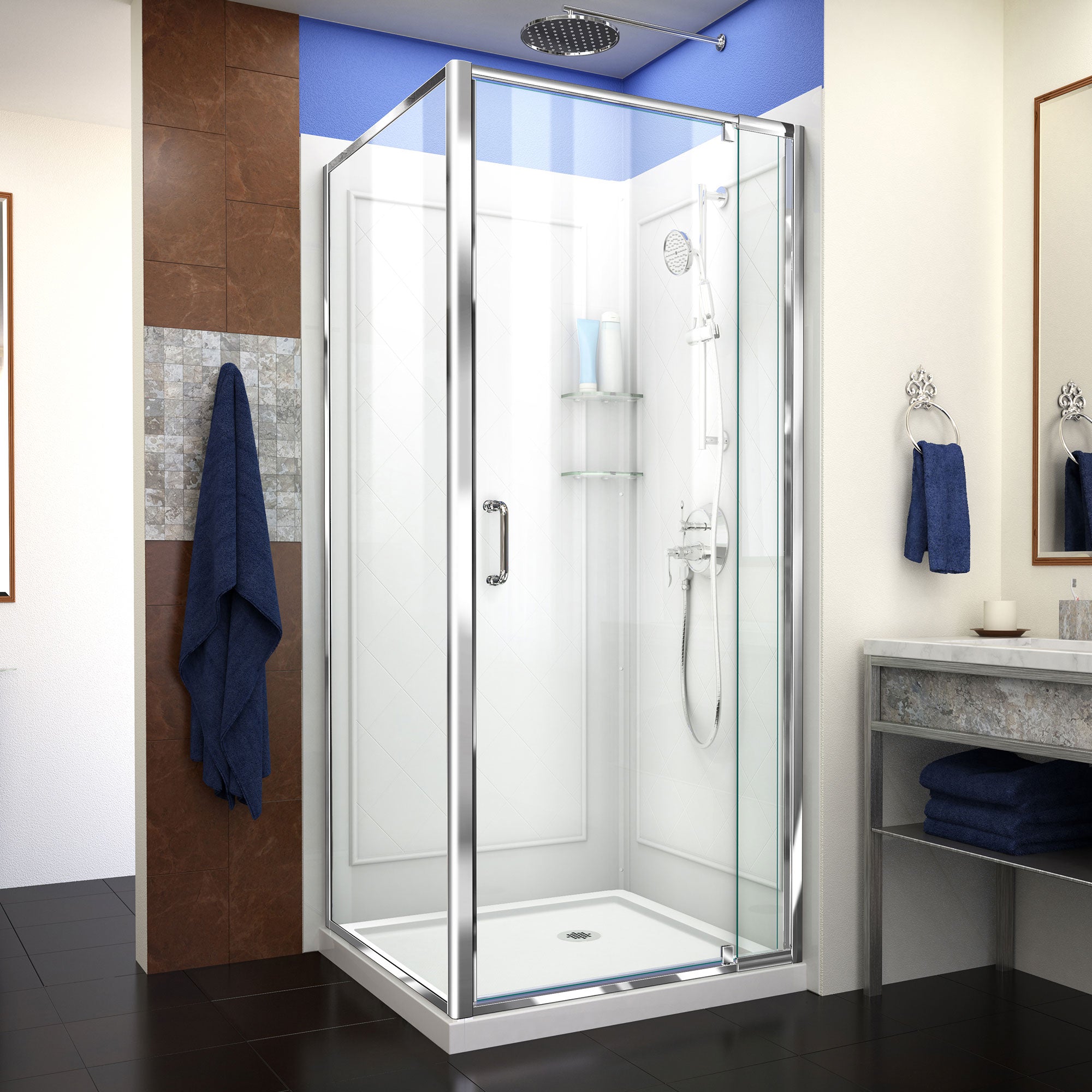 DreamLine Flex 36x36x76.75 Inch Semi-Frameless Pivot Shower Enclosure with SlimLine Base & Backwall Kit - Modern Bathroom Upgrade for Small Spaces, Waterproof & Easy Installation