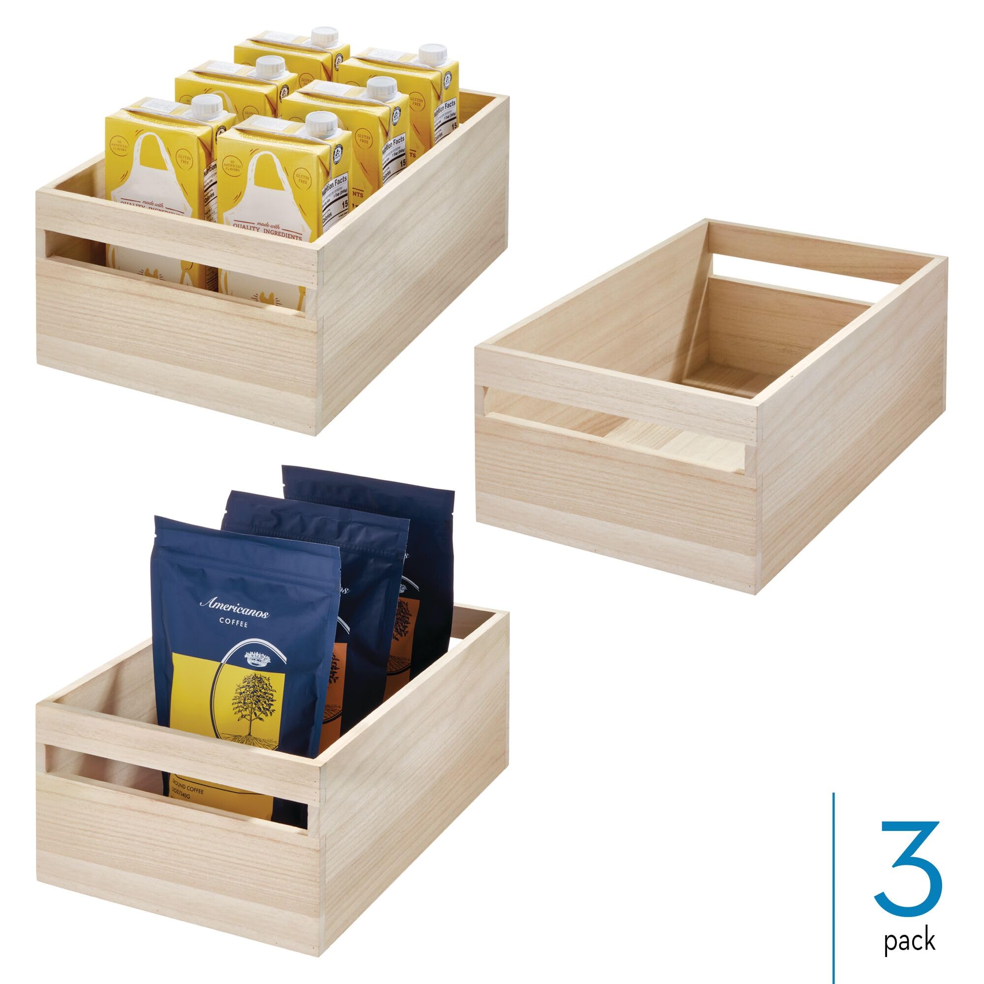 iDesign Paulownia Wood Pantry Storage Bins with Handles - Set of 3 Natural Organizers for Kitchen, Bathroom & Closet Organization - Perfect for Food, Toiletries & Home Essentials Storage