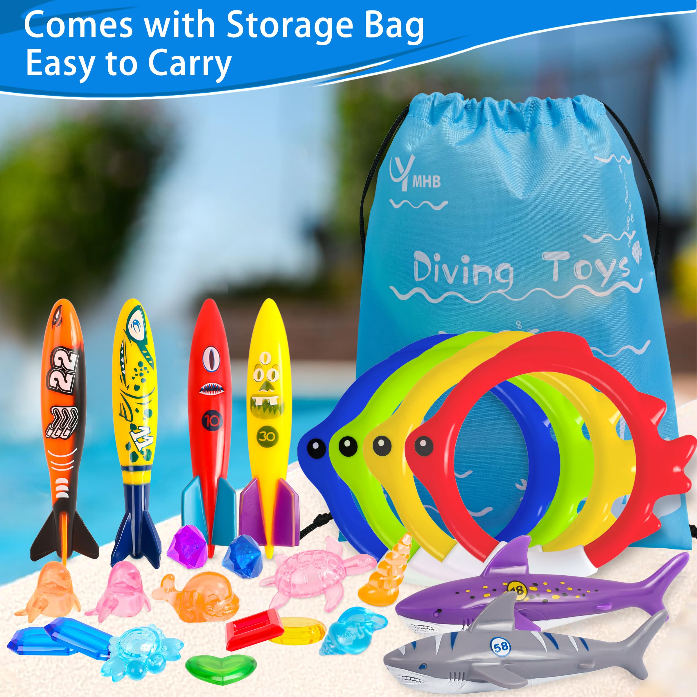 26 Pcs Diving Pool Toys Set for Kids - Swimming Pool Games with Storage Bag Includes Dive Rings, Torpedo Gems & Sea Animals - Perfect for Summer Swim Fun, Pool Parties & Water Play Activities