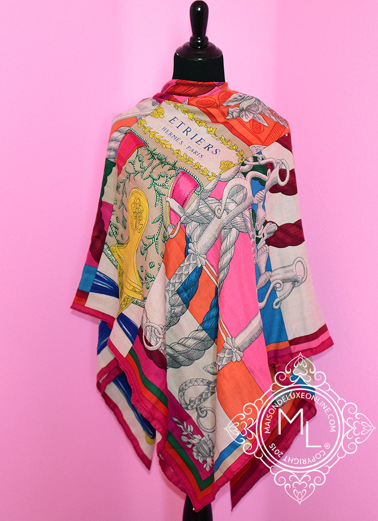 Luxury Hermes Cavalleria d'Etriers Fuchsia & Jaune Cashmere Shawl Scarf 140 GM - Perfect for Gifts, Special Occasions & Winter Fashion Accessories