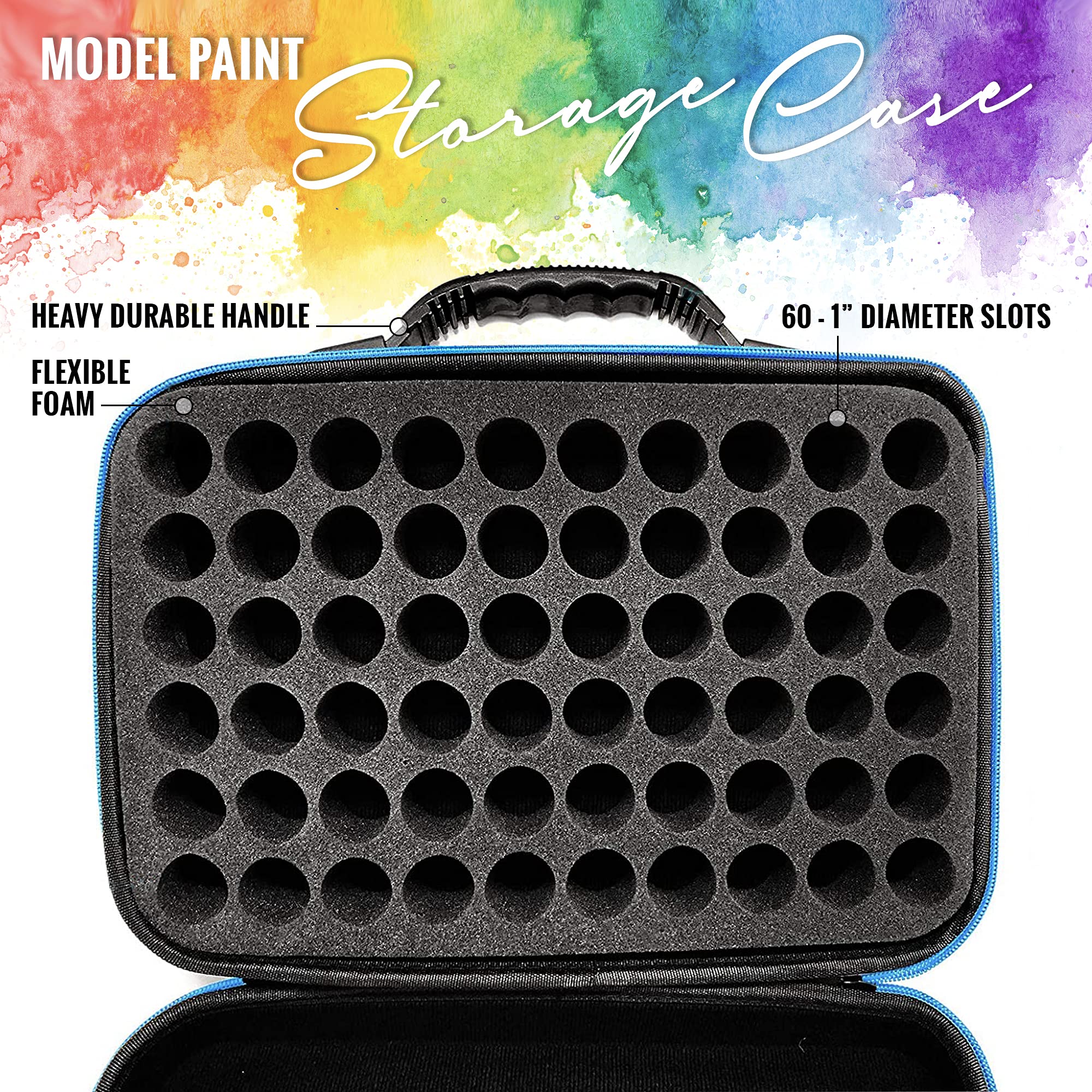 Pixiss Acrylic Paint Storage Case - 60 Slot Organizer Holder Tray for Round Top Hobby Paints, Includes 6 Fine Detail Miniature Brushes - Perfect for Model Painting, Warhammer, D&D Miniatures & Art Projects