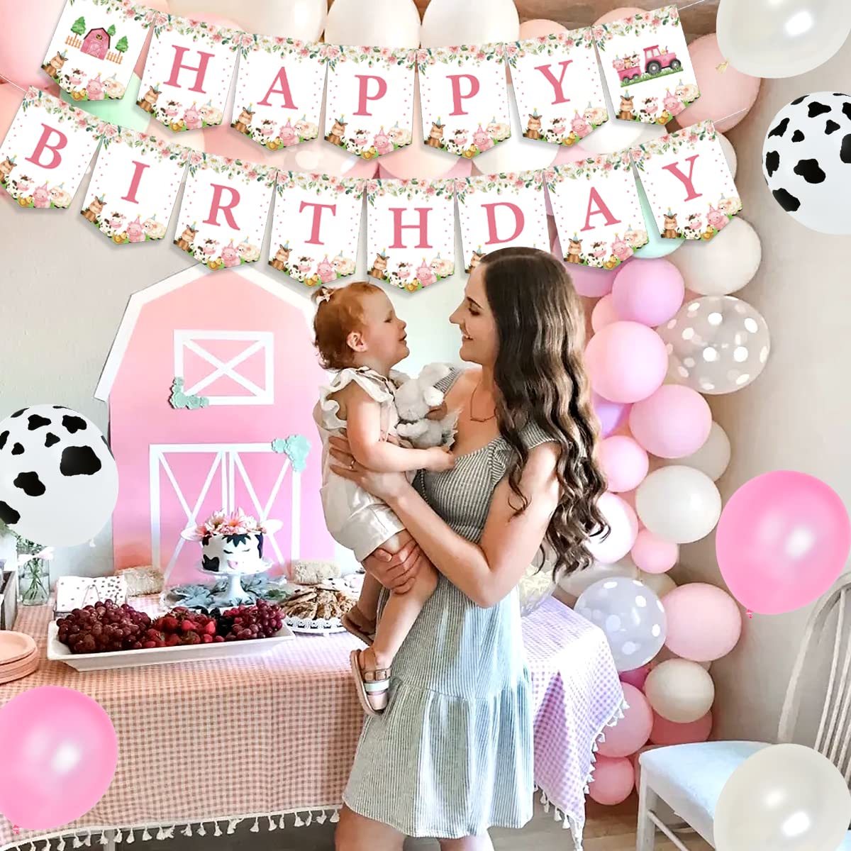 Farm Animal Birthday Banner - Pink Cow, Tractor & Barnyard Themed Party Decor for Girls | Perfect for Baby Showers, Farm Theme Parties & Birthday Celebrations