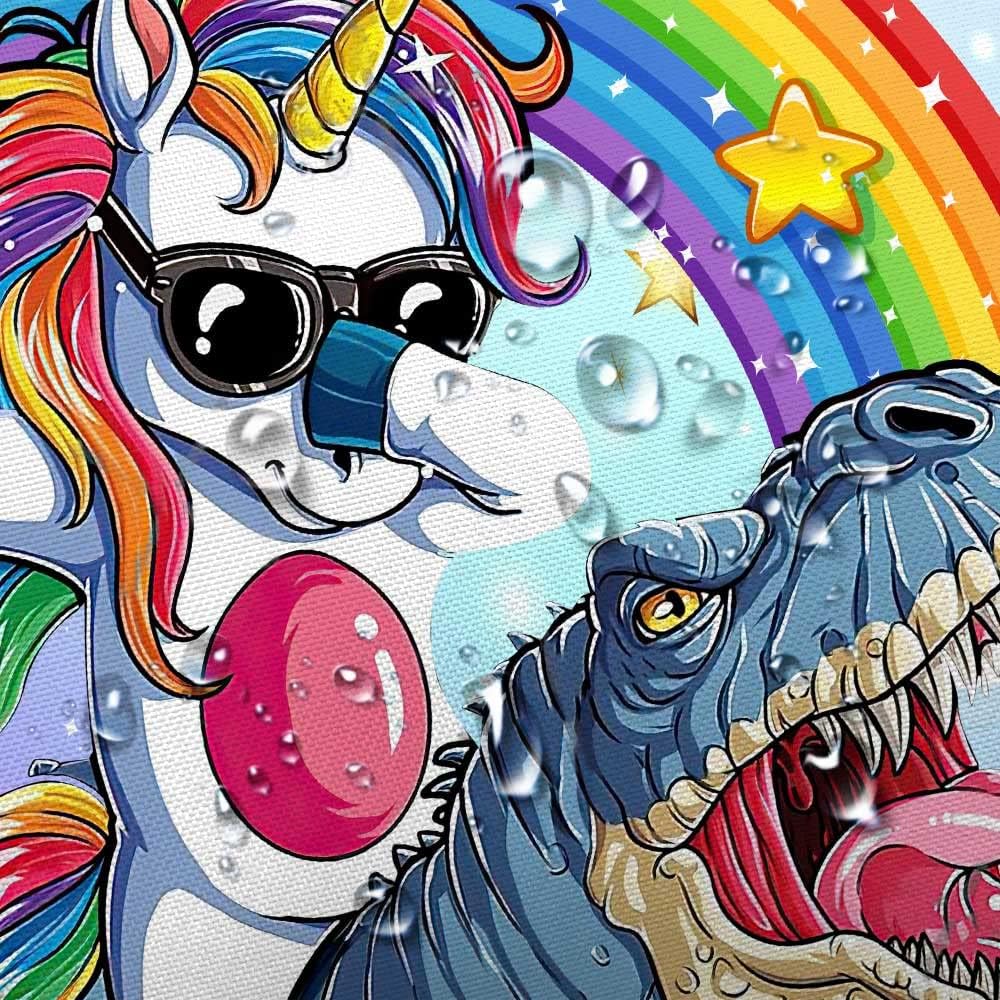 Funny Unicorn Riding Dinosaur Camper Shower Curtain Set - 47x64 Inch Small Narrow Travel Trailer Bathroom Decor with Hooks | Perfect for RV, Camping & Outdoor Adventures - Happy Camping Accessories