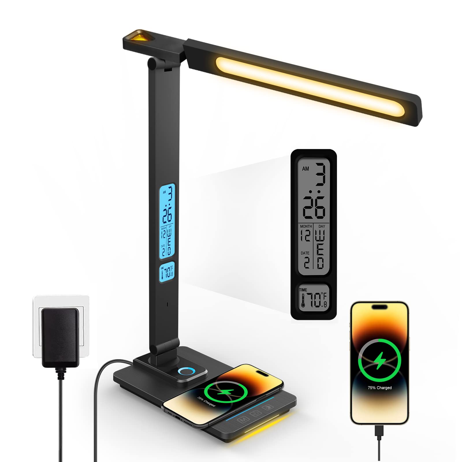 Wireless Charging LED Desk Lamp with USB Port, Adjustable Brightness & Auto Timer, Night Light & Clock - Perfect for Study, Reading, Home Office (Black)