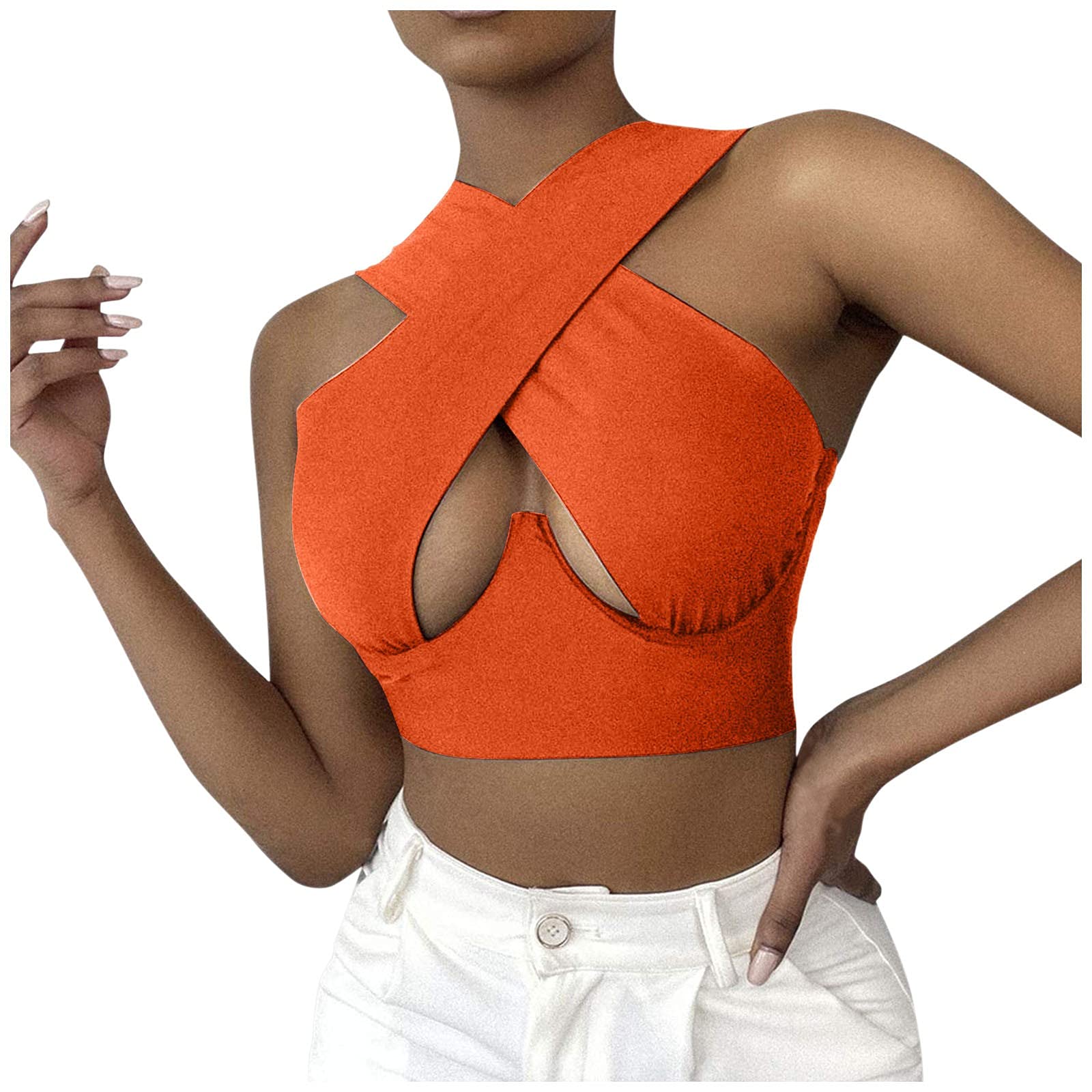 Women's Crisscross Cut Out Vest Halter Wrap Crop Top - Solid Cami Tank Tops for Summer, Beach, Party & Casual Outfits