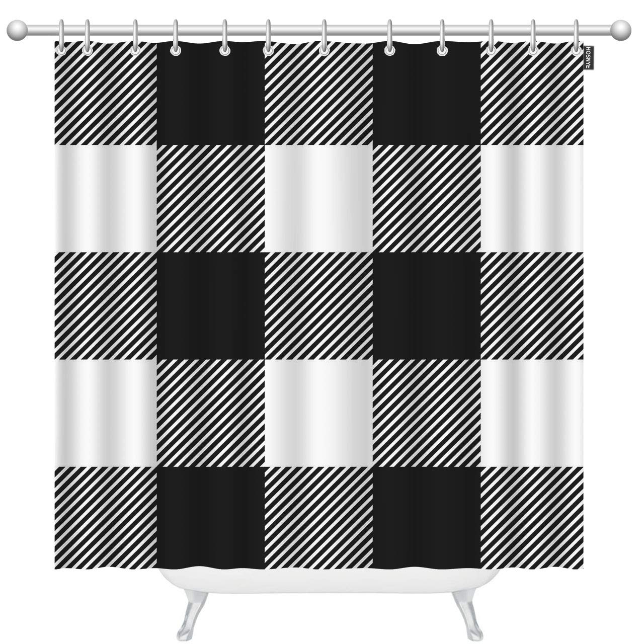 HOSNYE Extra Long Plaid Shower Curtain 72x96 Inches - Black & White Striped Geometric Pattern Bathroom Decor for Modern & Vintage Style Homes
