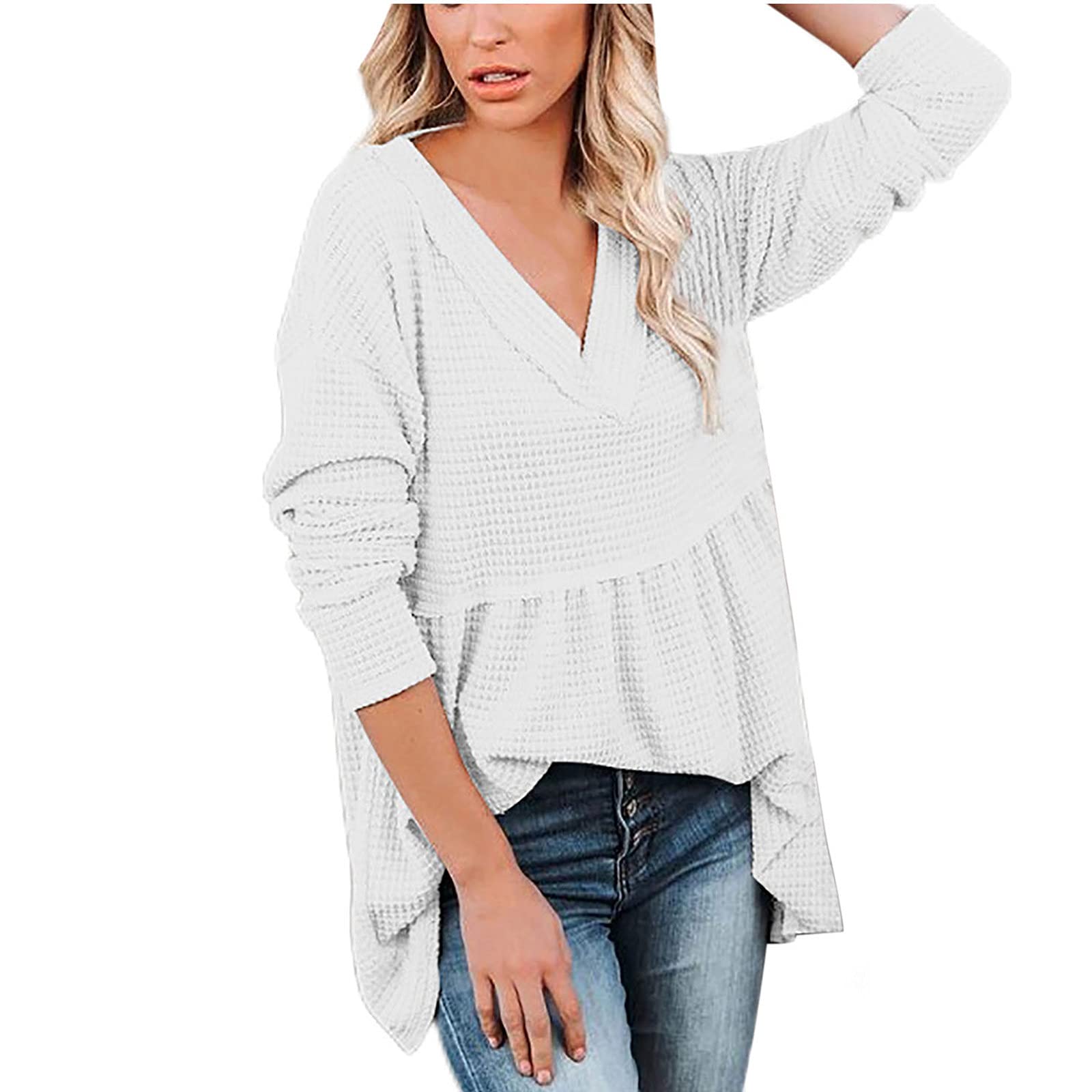 Women's Waffle Knit Tunic Top - Solid Color V-Neck Long Sleeve Blouse - Casual Loose Pleated Shirt for Everyday Wear, Office & Fall Outfits