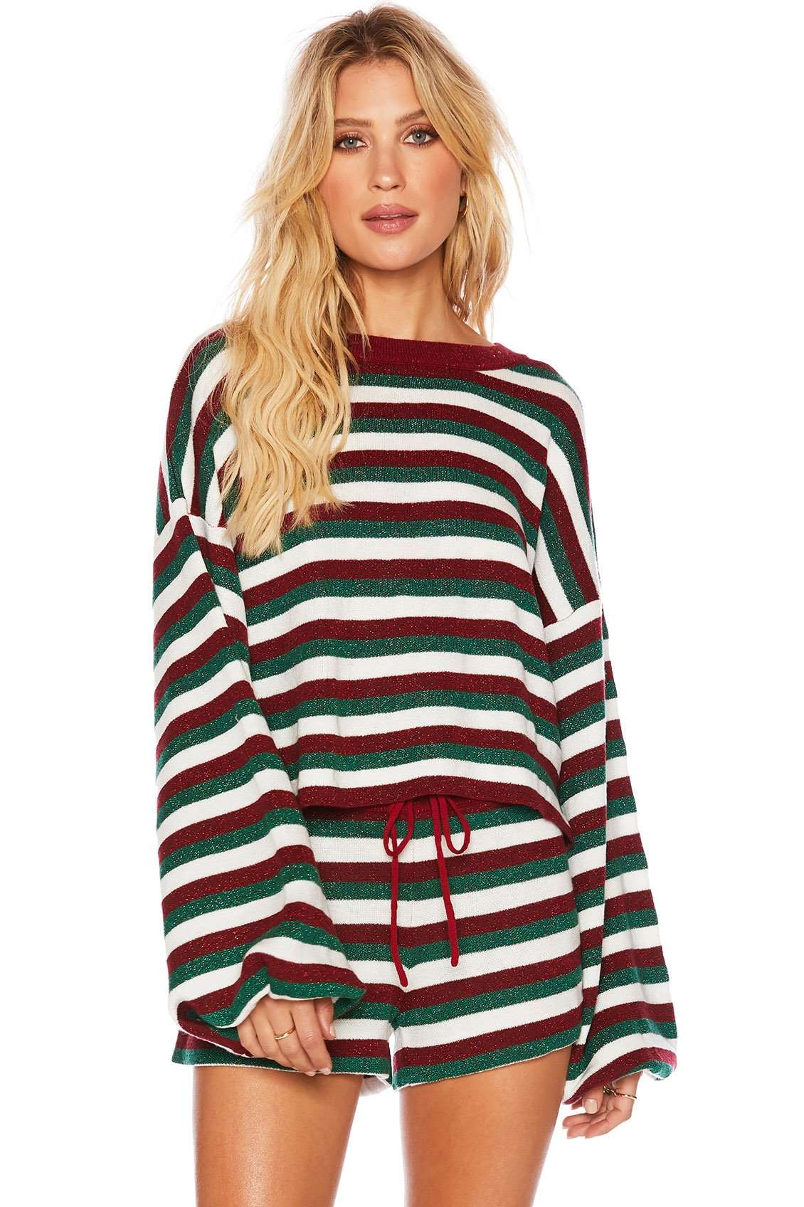 Beach Riot Women's Balboa Lounge Shorts - Festive Stripe Red & Green - Comfortable Casual Wear for Summer, Beach, Poolside & Holiday Parties