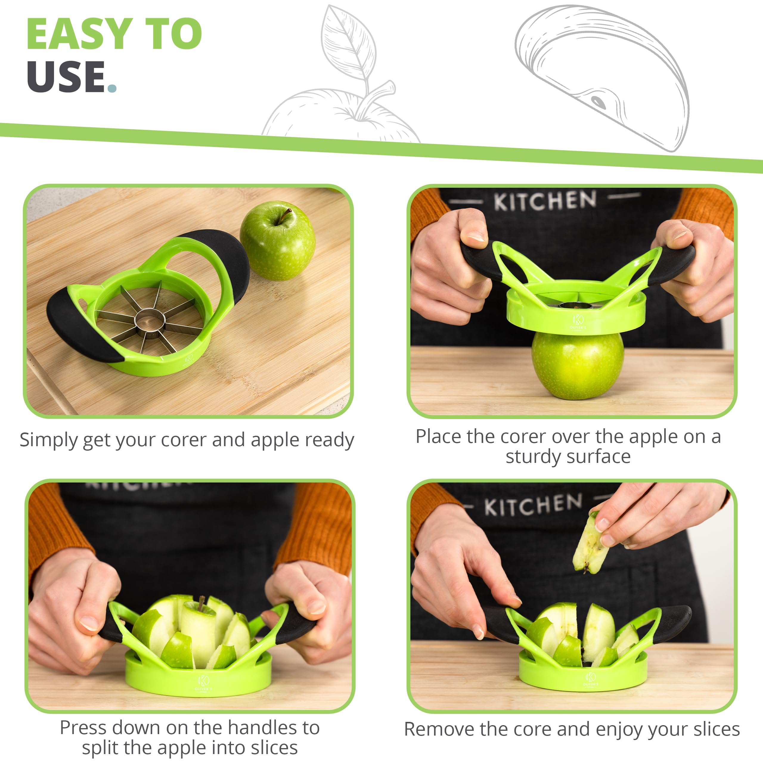 Oliver's Kitchen® Premium Apple Corer & Slicer - Effortless Fruit Cutter for Quick Snacks & Healthy Eating - BPA-Free Stainless Steel Blade with Non-Slip Ergonomic Handle - Perfect for Lunch Boxes, Baking, Salads & Kids Snacks