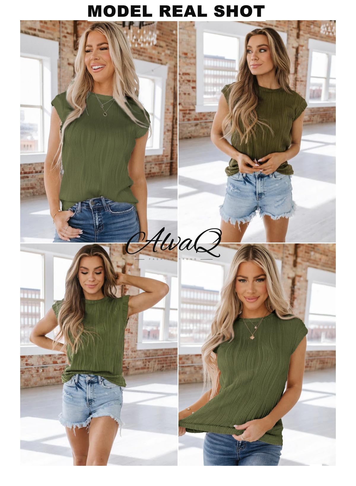 AlvaQ Women's Summer Short Sleeve Textured T-Shirt - Crewneck Basic Loose Fit Casual Top - Solid Color Blouse for Everyday Wear, Outing & Vacation