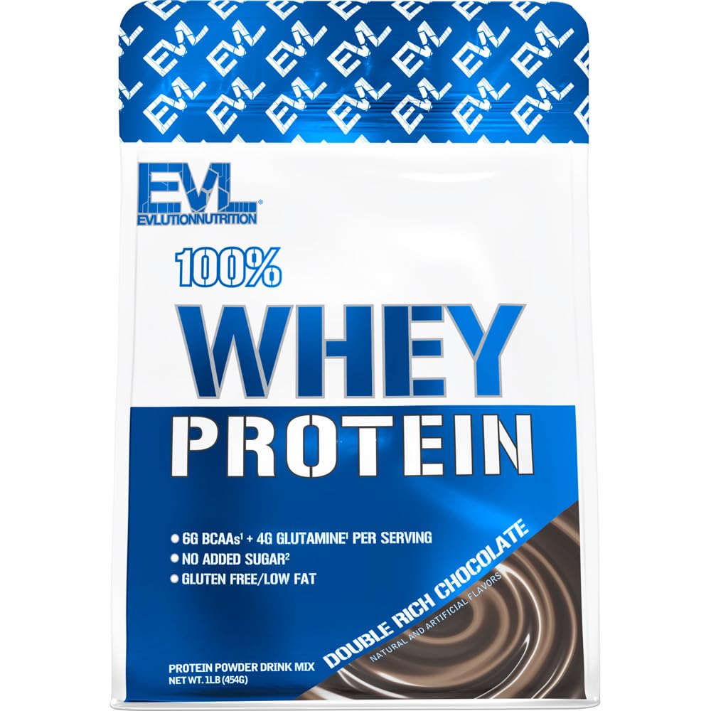 EVLUTION NUTRITION 100% Whey Protein Powder - 25g Protein, 6g BCAAs, 4g Glutamine - Gluten Free Muscle Recovery Supplement (1 LB, Double Rich Chocolate) for Post-Workout & Fitness Enthusiasts