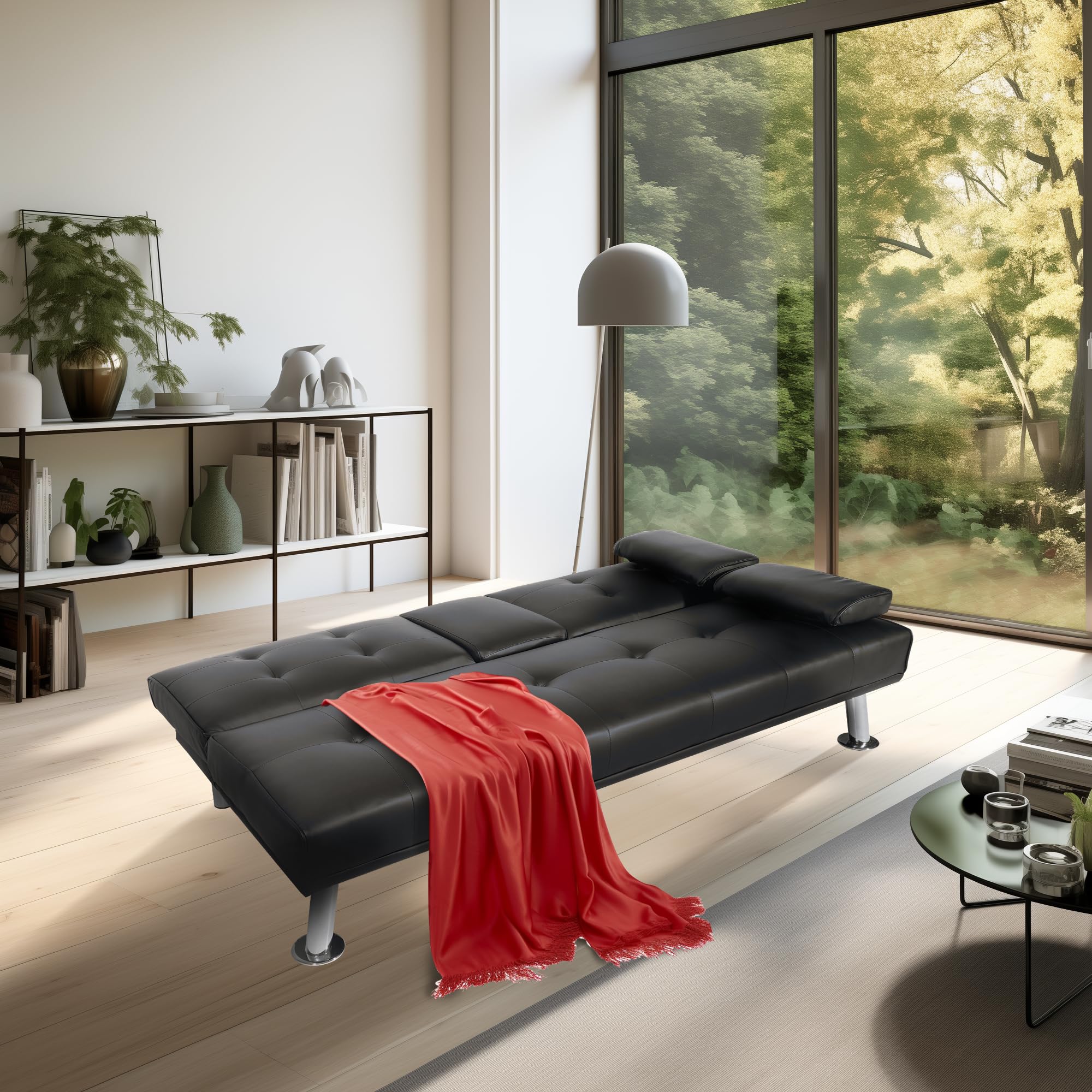 Yoyomax Modern Faux Leather Convertible Futon Sofa Bed with 2 Cup Holders & Pillows - Foldable Sleeper Couch for Small Spaces, Dorm Rooms, RVs, Home Offices - Perfect for Compact Living & Guest Sleeping (Black)