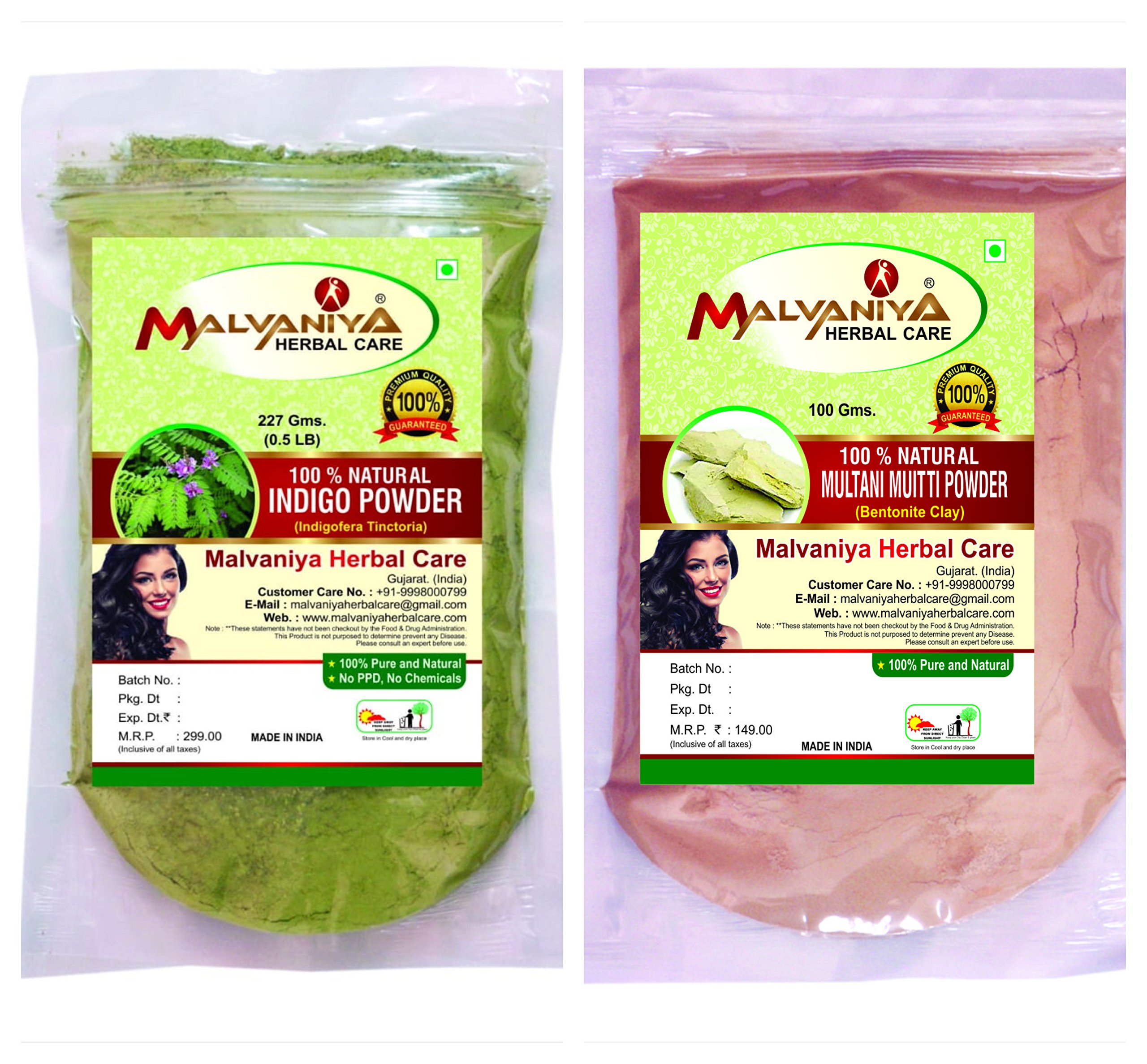 Natural Indigo Hair Powder & Multani Mitti Face Pack for Hair & Skin Care - 227g Indigo Powder + 100g Multani Mitti - Organic Hair Dye & Clay Mask for Gray Coverage & Glowing Skin