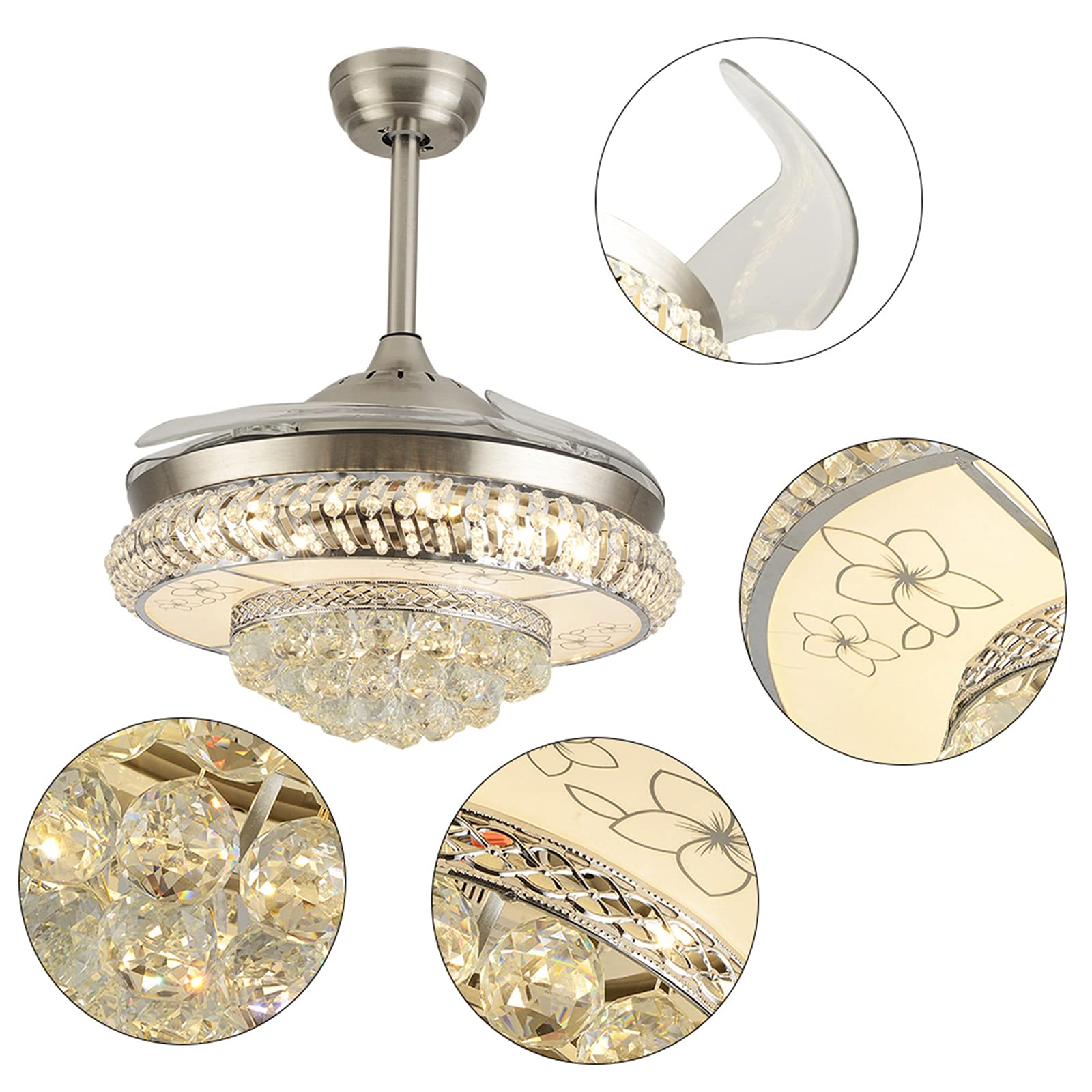 Modern Crystal LED Ceiling Fan with Light - 42 Inch Silver Fandelier with Retractable Blades, Remote Control, 3 Speed Settings & 3 Color Temperatures for Living Room, Bedroom, Dining Room & Kitchen | Energy Efficient Cooling & Stylish Lighting Solution