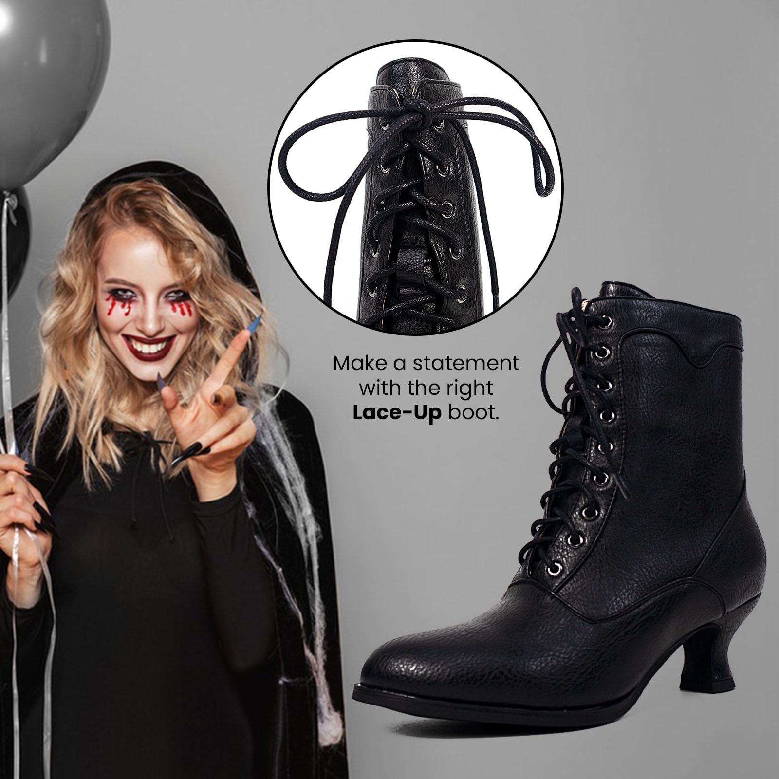Victorian Style Women's Ankle Boots - Black Round Toe Mid Calf Boots with Chunky Heel & Lace Up Design | Gothic Witch & Knight Boots for Women | Perfect for Halloween, Cosplay & Steampunk Fashion