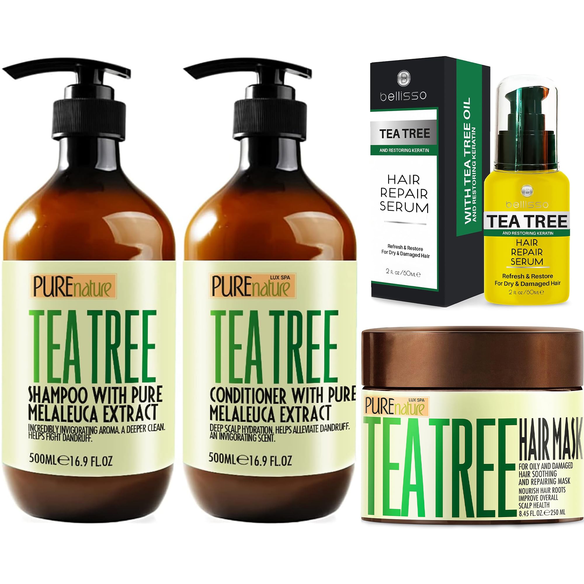 Tea Tree Oil Shampoo & Conditioner Set with Hair Mask & Serum - Natural Scalp Care for Dandruff, Itchy Scalp & Hair Growth - Perfect for Daily Use & Deep Conditioning Treatments