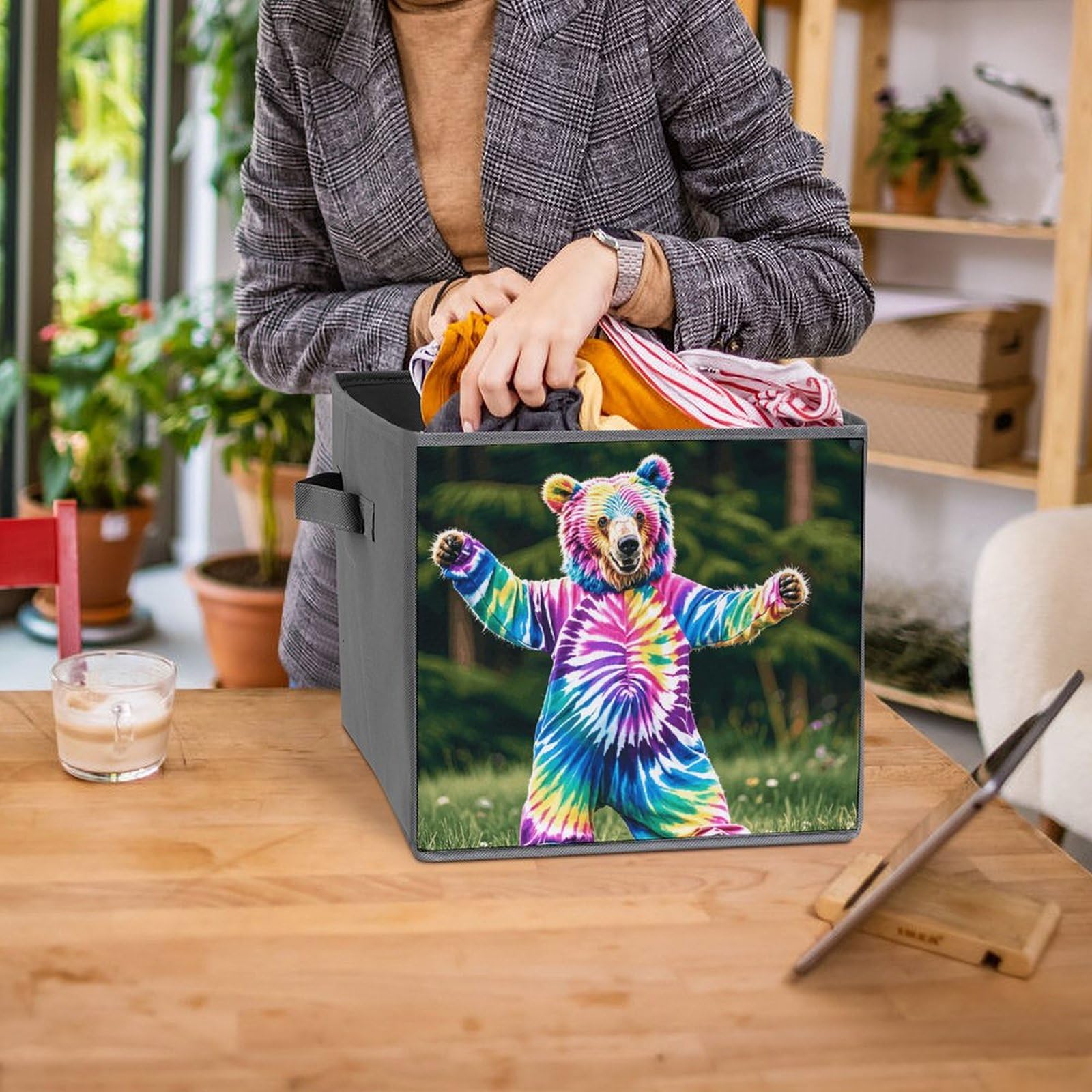 6PCS Collapsible Storage Bins with Handles - Bear Dancing Tie Dye Printed Foldable Organizing Baskets for Shelves, Closet, Kitchen & Bathroom | Space Saving Home Organization Solution for Toys, Clothes & Household Items