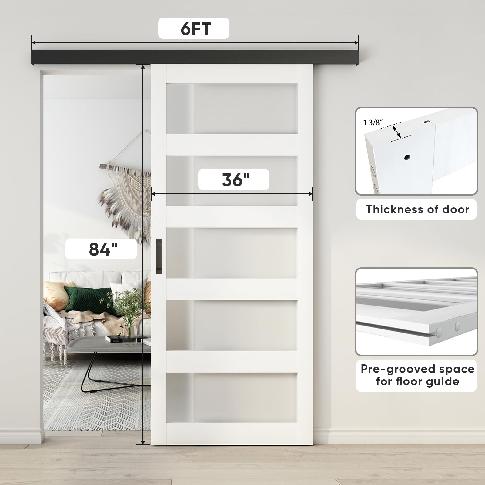 36in x 84in Frosted Glass Barn Door with Sliding Hardware Kit - 5-Panel White Frosted Glass, Black Box Rail, Waterproof PVC Surface - Easy Assembly for Bedroom, Closet, or Office Partition