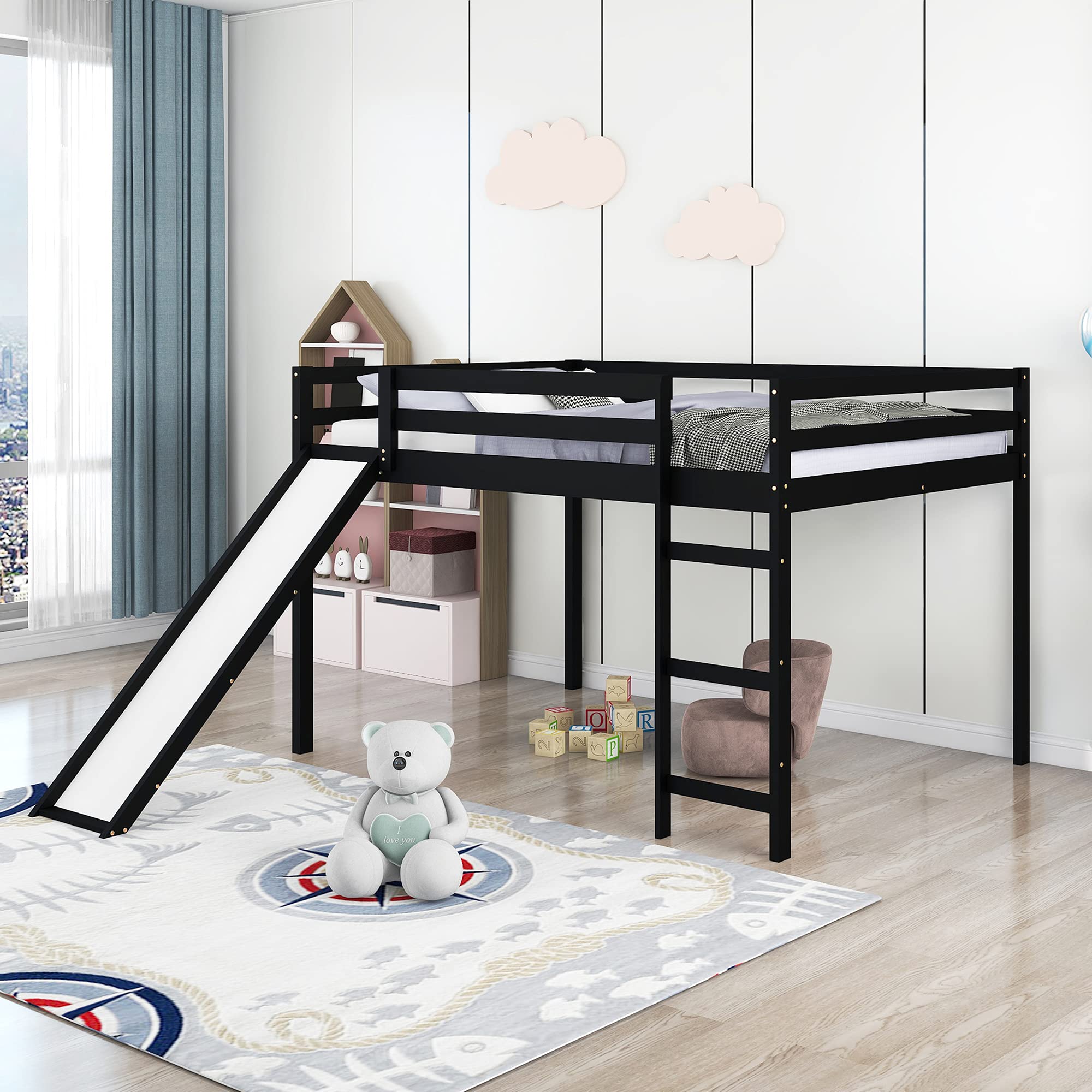 P PURLOVE Full Size Wooden Loft Bed with Slide - Sturdy Bed Frame for Kids & Teens, No Box Spring Required (Espresso) - Perfect for Small Bedrooms, Playrooms & Dorm Rooms