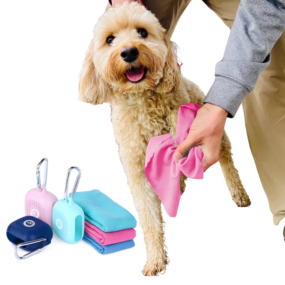 Sweet Paws Portable Dog Paw Towel - Lightweight Super Absorbent Microfiber with Leash Clip - Quick Drying Dog Paw Cleaner with Silicone Case - 3 Piece Set for Small Dogs - Perfect for Walks, Hikes & Outdoor Adventures