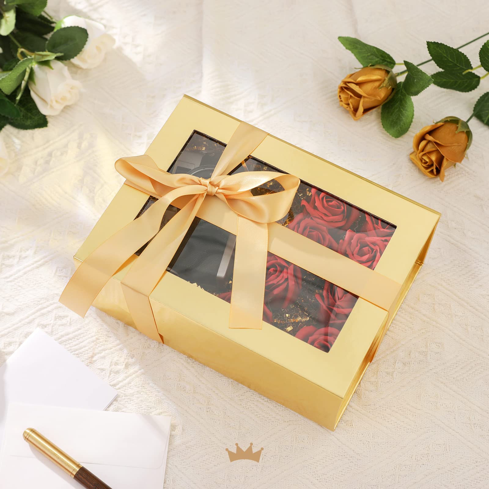 9x6.5x3.8 Inch Gold Gift Box with Clear Window - Magnetic Lid Bridesmaid Proposal Box, Christmas Present Box with Ribbon & Card (Glossy Gold) | Perfect for Wedding Favors, Birthday Gifts & Holiday Packaging