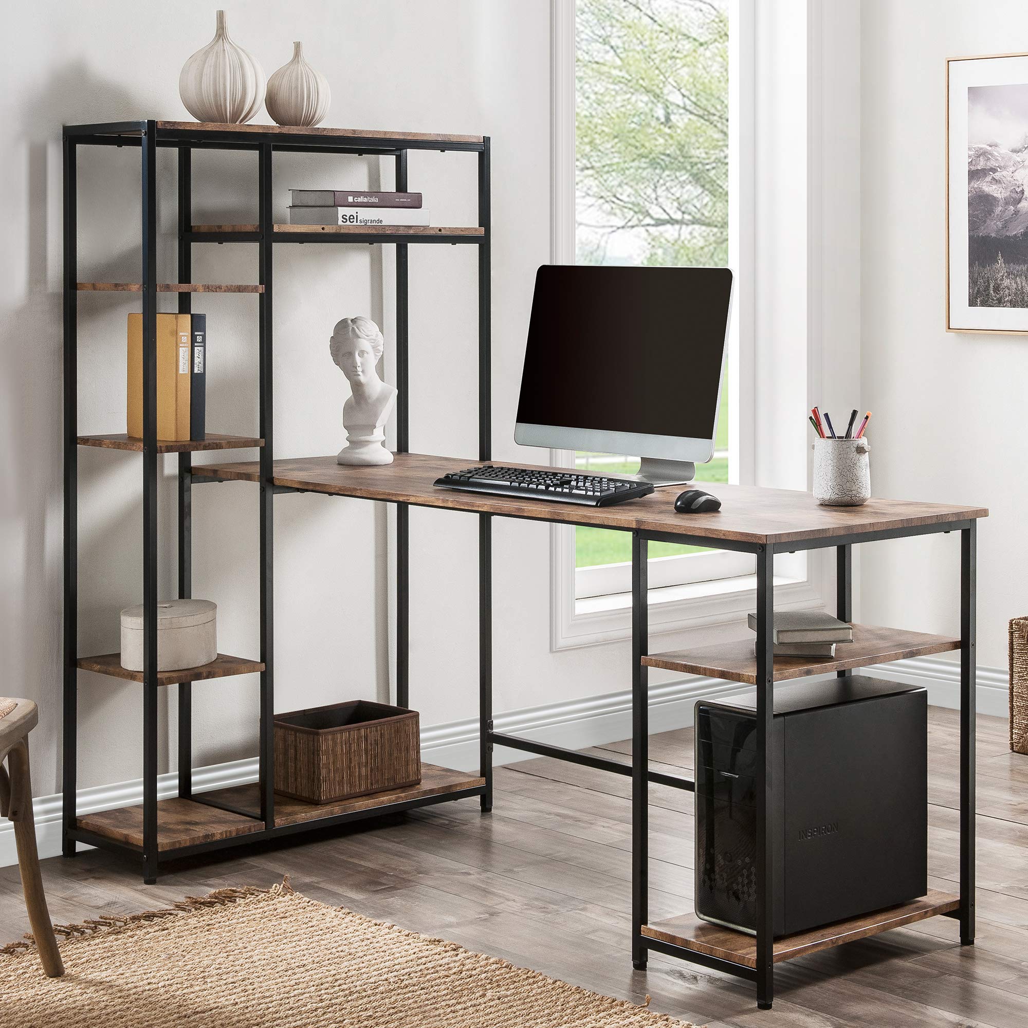 Modern Large Home Office Computer Desk with Bookshelf & Multiple Storage Shelves - Spacious Workstation for Remote Work, Study & Organization (Tiger)