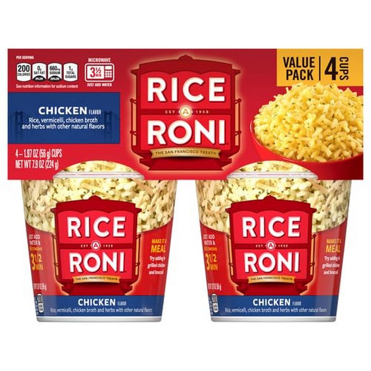 Rice-a-Roni Chicken Flavor Instant Rice Cups - 4 Pack | Quick & Easy Microwaveable Meal | Perfect for Lunch, Office Snacks & Camping Trips