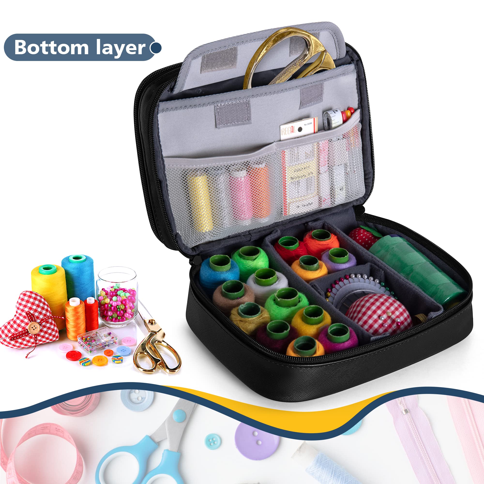 BUBM Double Layer Sewing Organizer with Detachable Dividers - PU Black Sewing Supplies Storage Bag for Needles, Threads & Notions | Perfect for Home Sewing, Quilting & Craft Projects