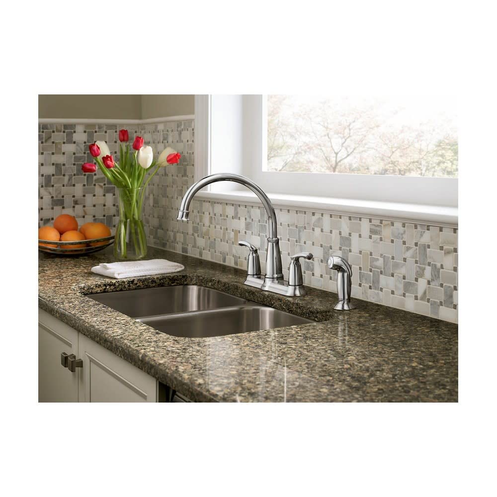 Moen 87403 Bexley Chrome 2-Handle Lever Kitchen Faucet with Pull-Down Sprayer - Perfect for Modern Kitchens and Easy Dishwashing