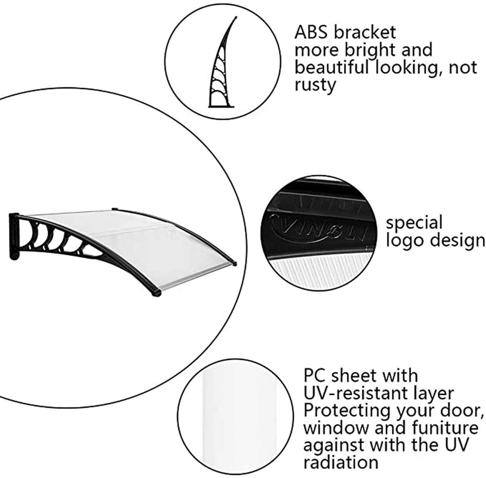 Black Polycarbonate Door Canopy & Window Awning - 80x100cm UV Rain Snow Protection - Outdoor Patio Cover for Home & Garden Shelter - Perfect for Porch, Deck, and Entryway Shade